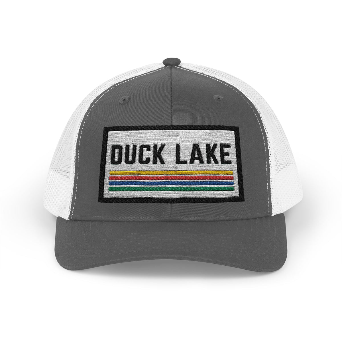 Duck Lake Patch Trucker Hat — Retro Stripe Snapback Cap
