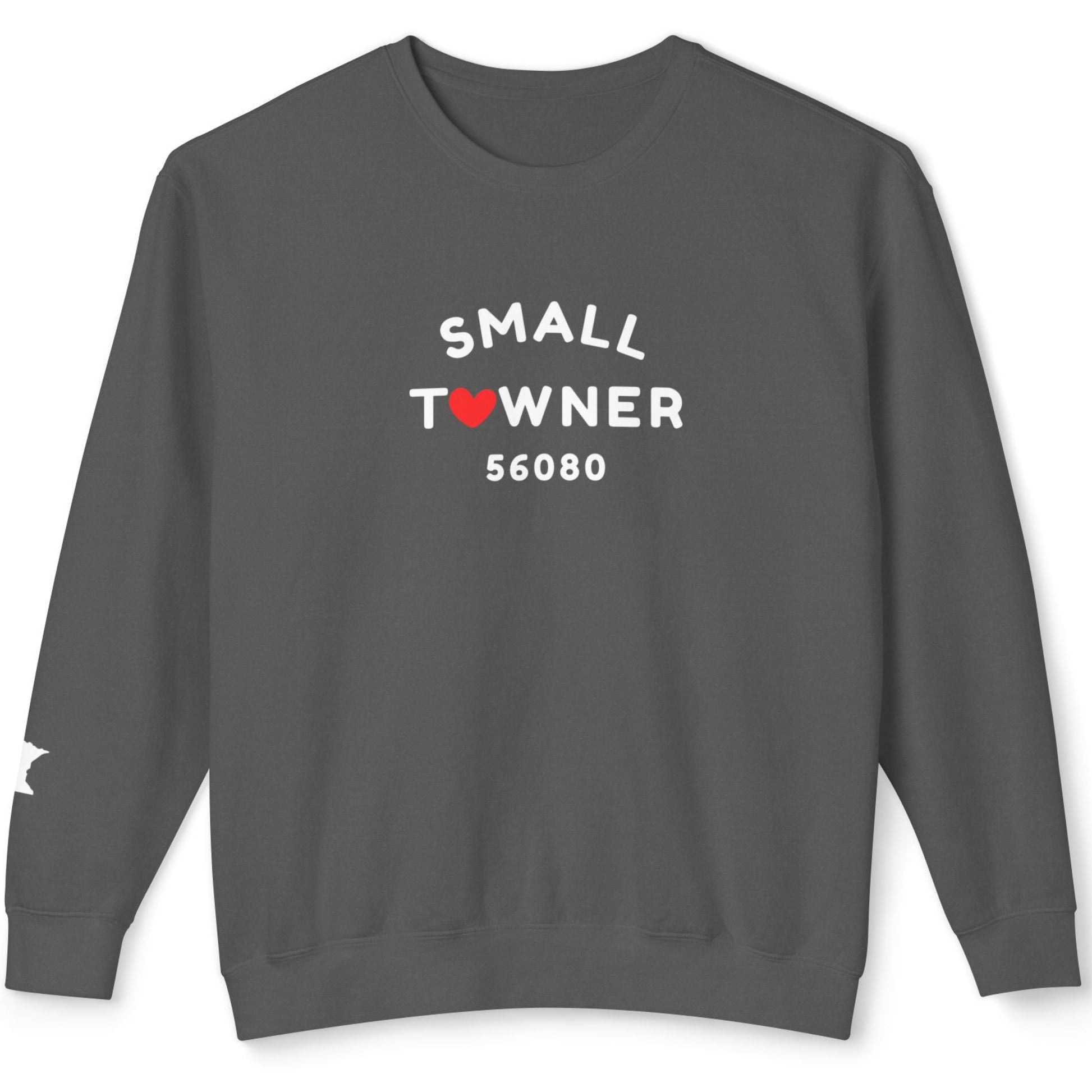Gray sweatshirt with 'SMALL TOWNER 56080' text