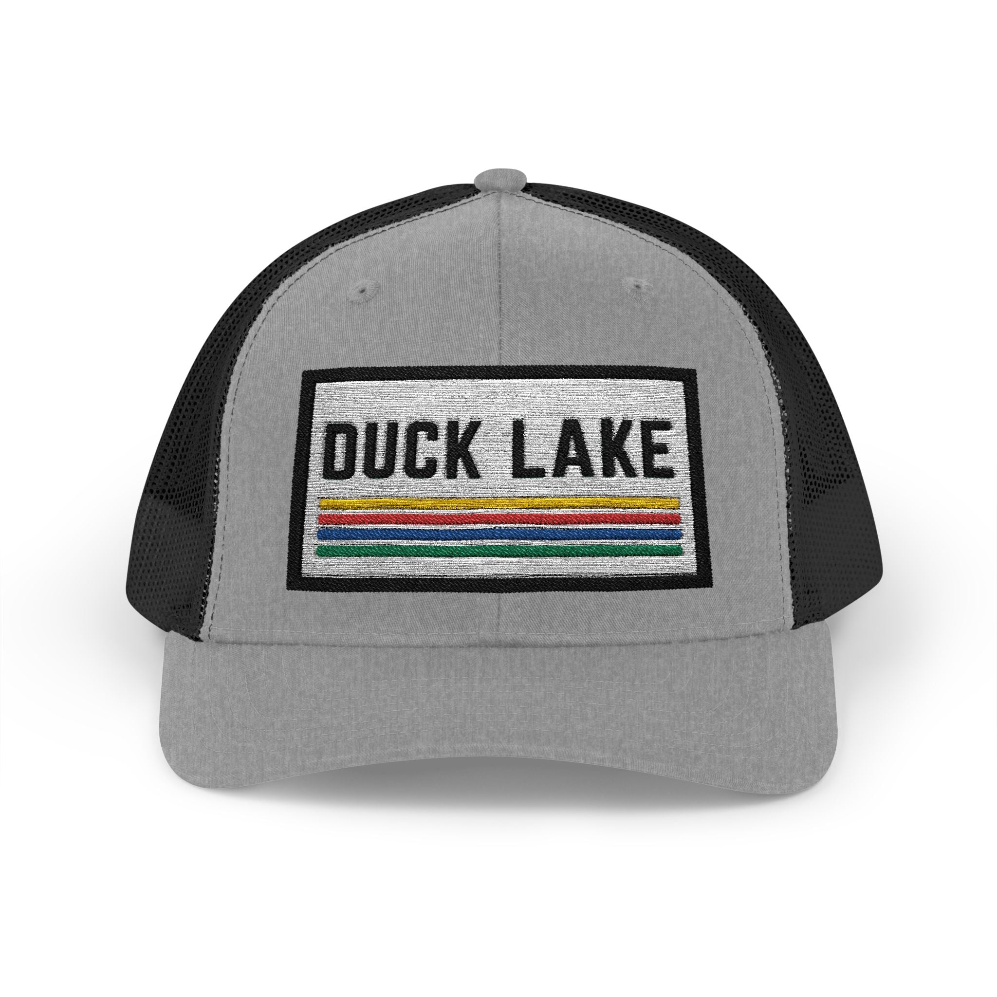 Duck Lake Patch Trucker Hat — Retro Stripe Snapback Cap