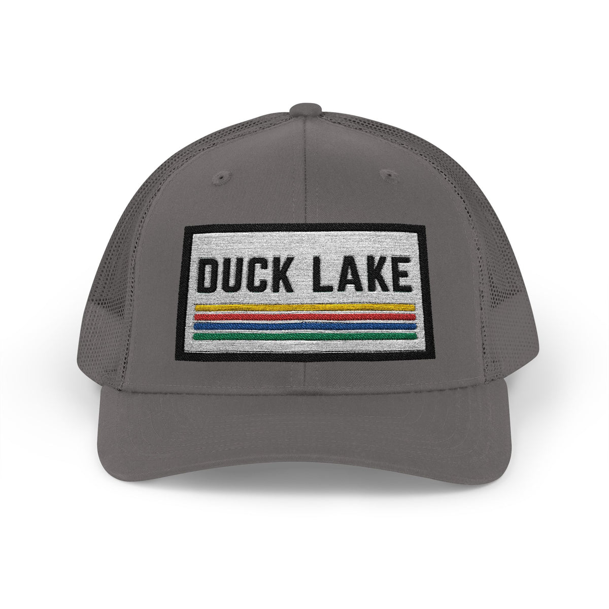 Duck Lake Patch Trucker Hat — Retro Stripe Snapback Cap