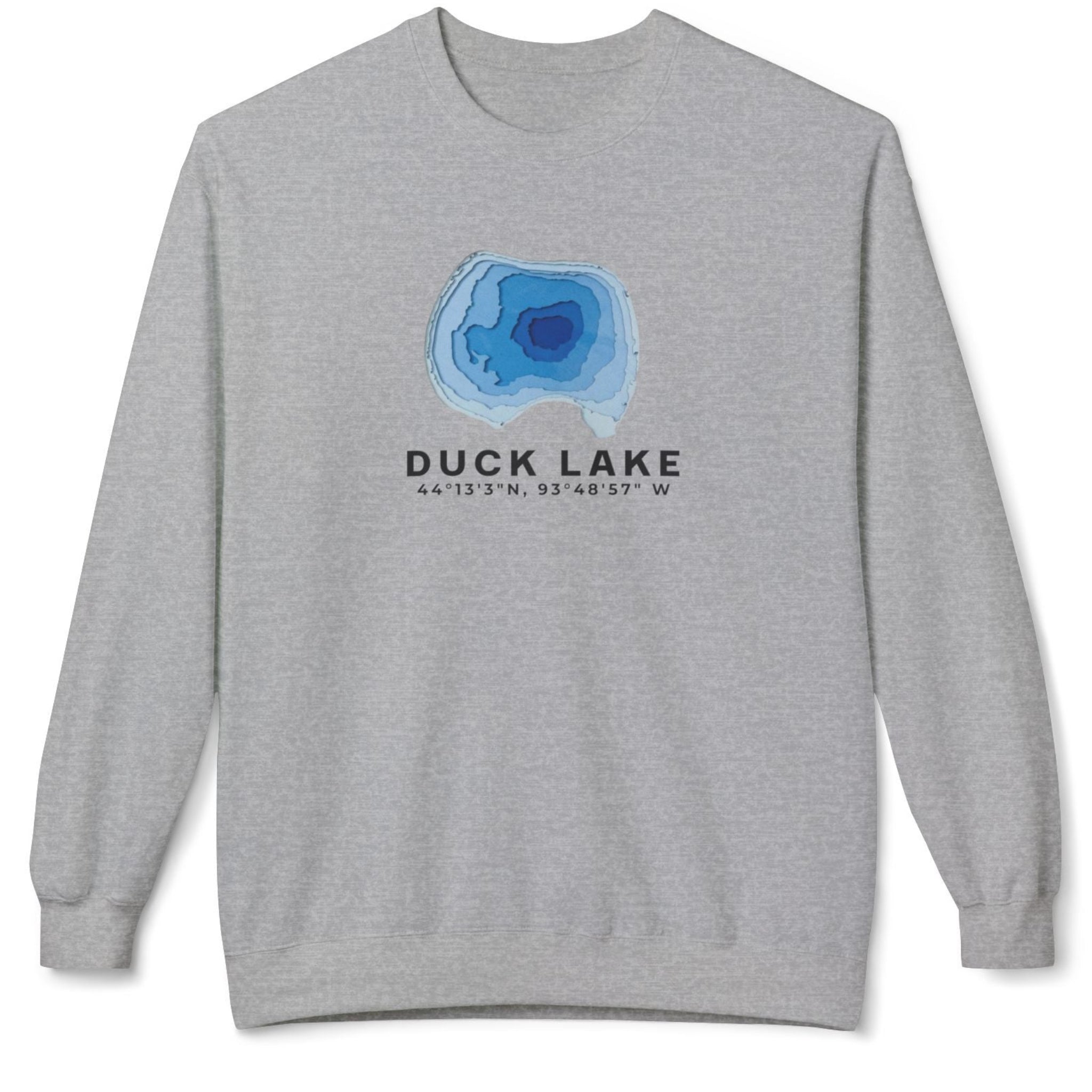 A heather gray crewneck sweatshirt featuring a blue concentric circle graphic and the text 'DUCK LAKE' with coordinates printed on the chest, displayed against a plain white background.