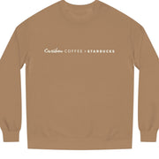 Dark beige long-sleeve light weight sweatshirt in cream letters, says Caribou > Starbucks