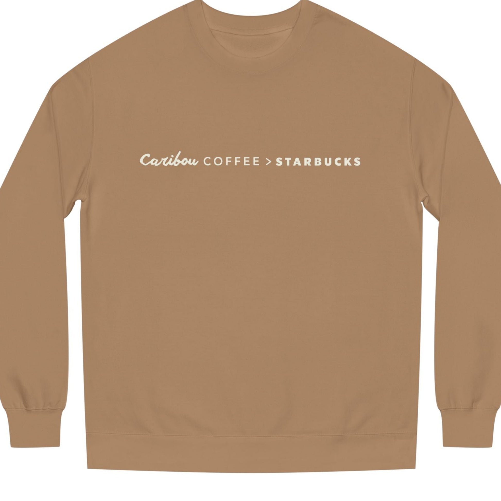 Dark beige long-sleeve light weight sweatshirt in cream letters, says Caribou > Starbucks