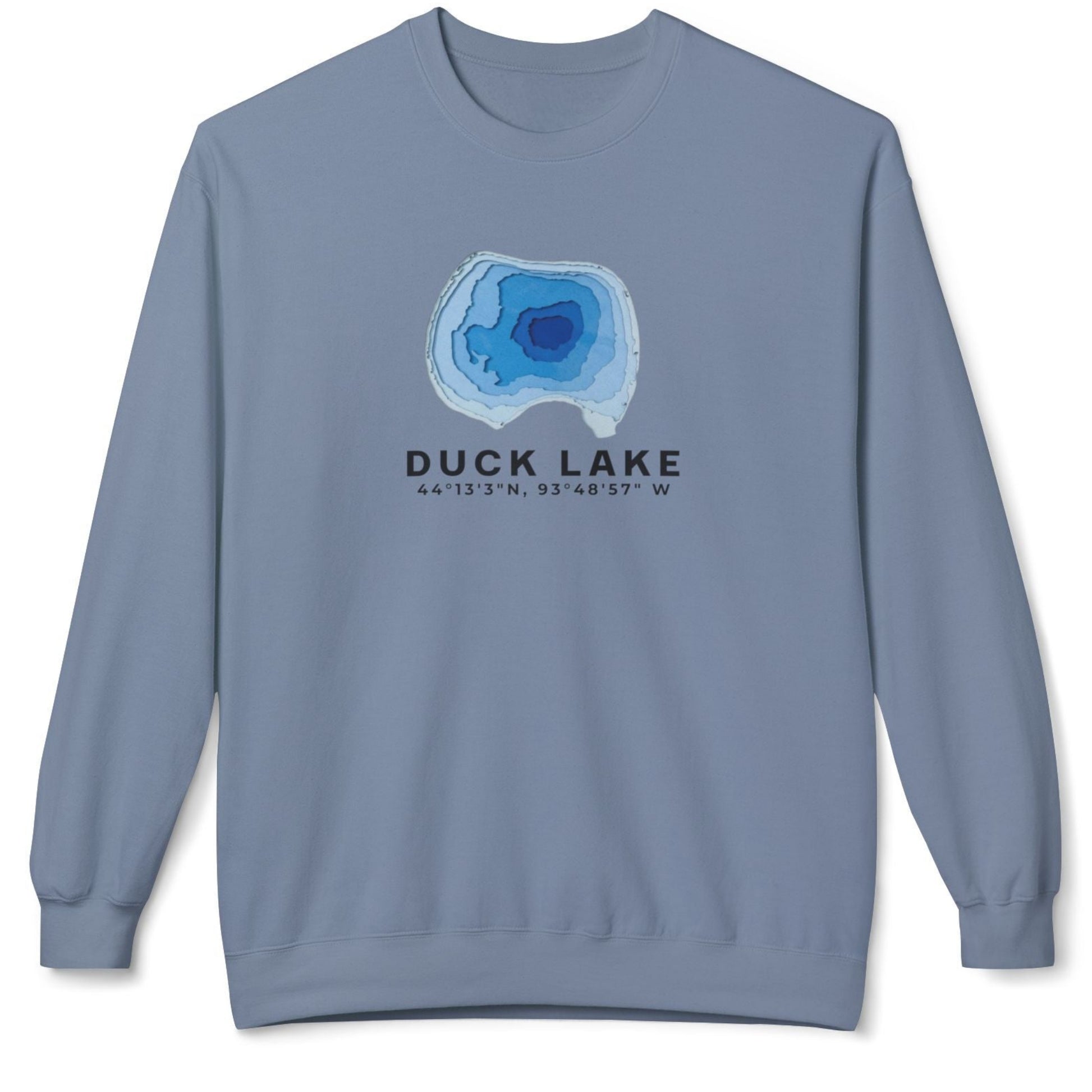 A dusty blue crewneck sweatshirt featuring a graphic of a blue geode and the text 'DUCK LAKE' printed on the chest, displayed against a plain white background.