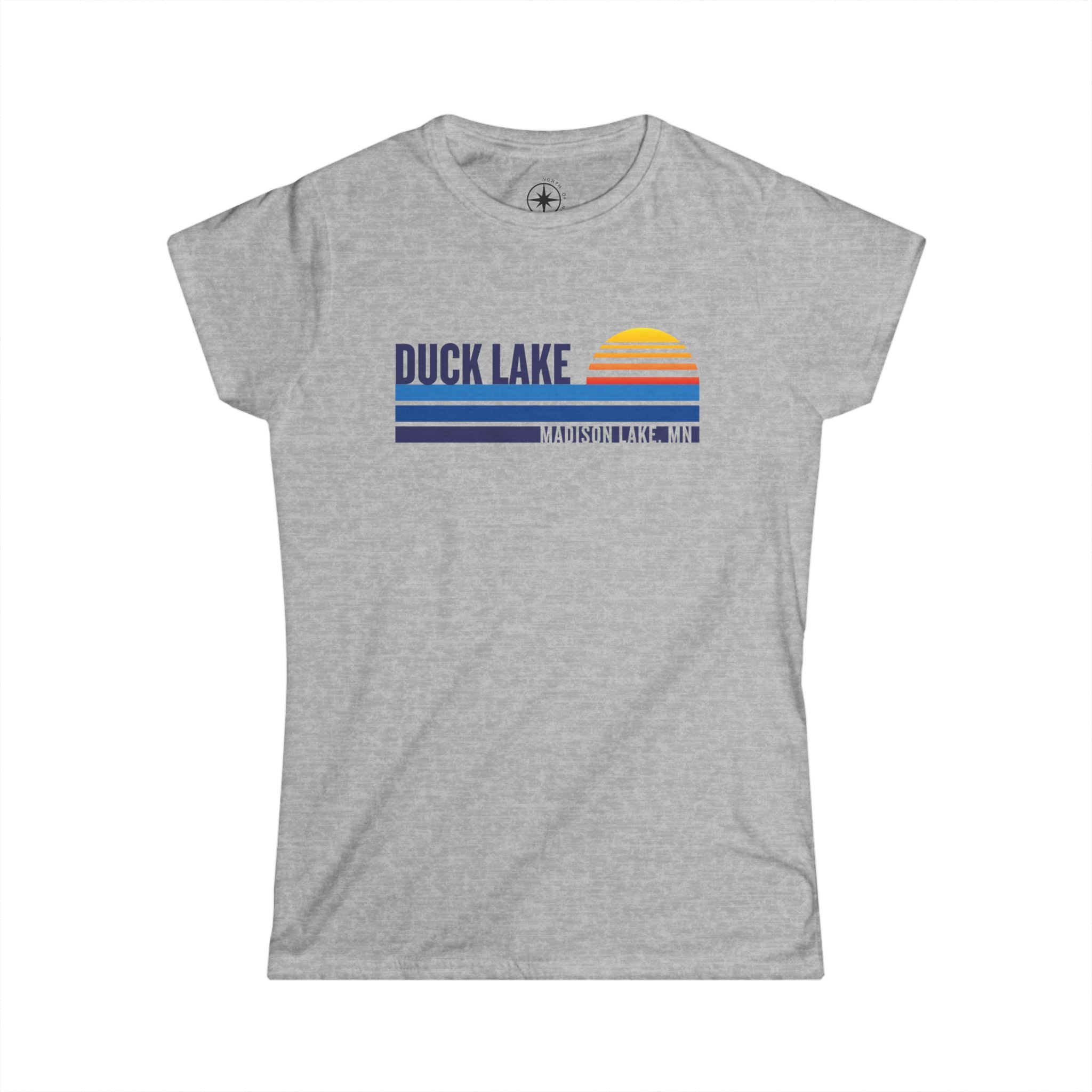 Duck Lake Sunset Tee — Women's Retro Lakeside Graphic T-Shirt