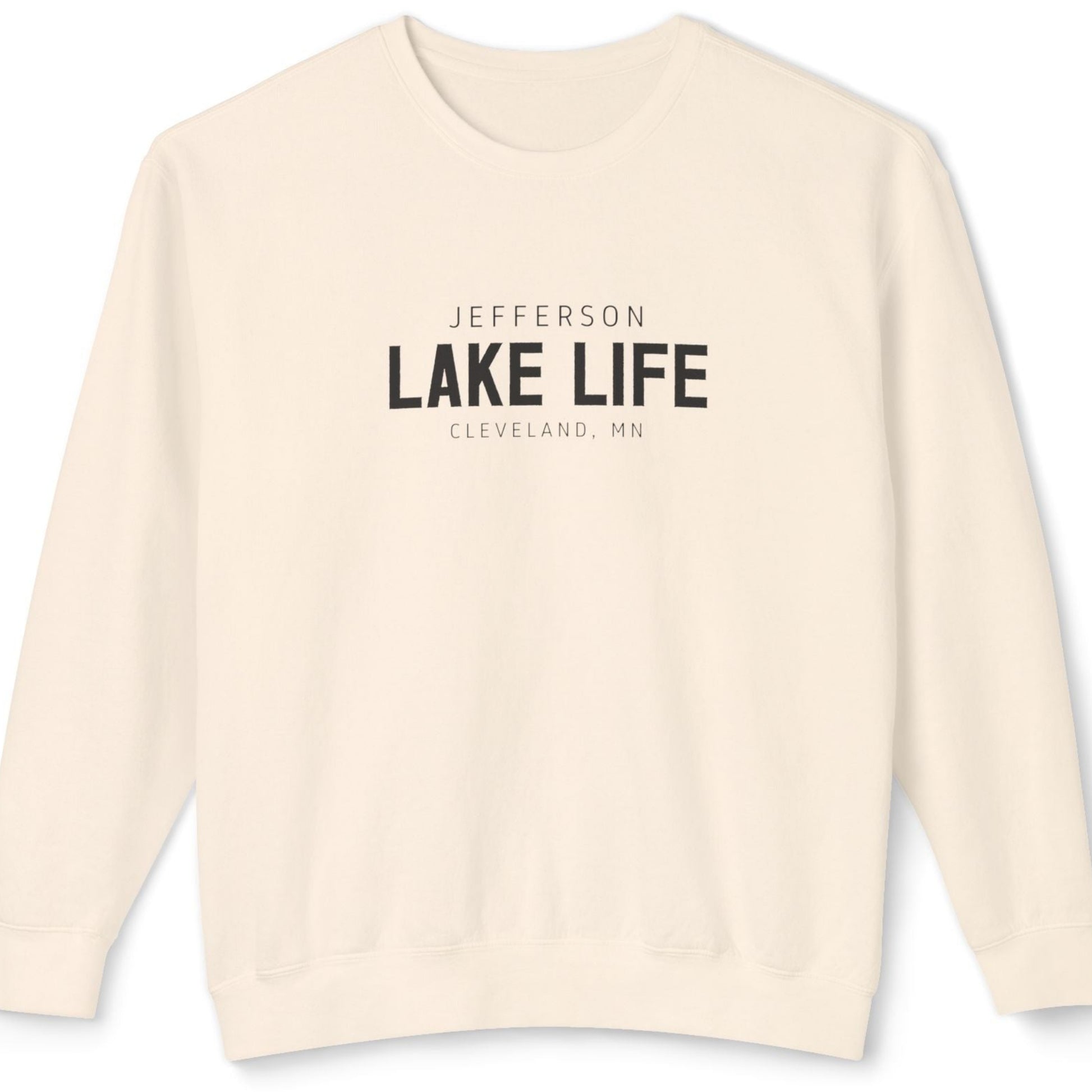 Beige sweatshirt with 'Jefferson Lake Life Cleveland, MN' text 