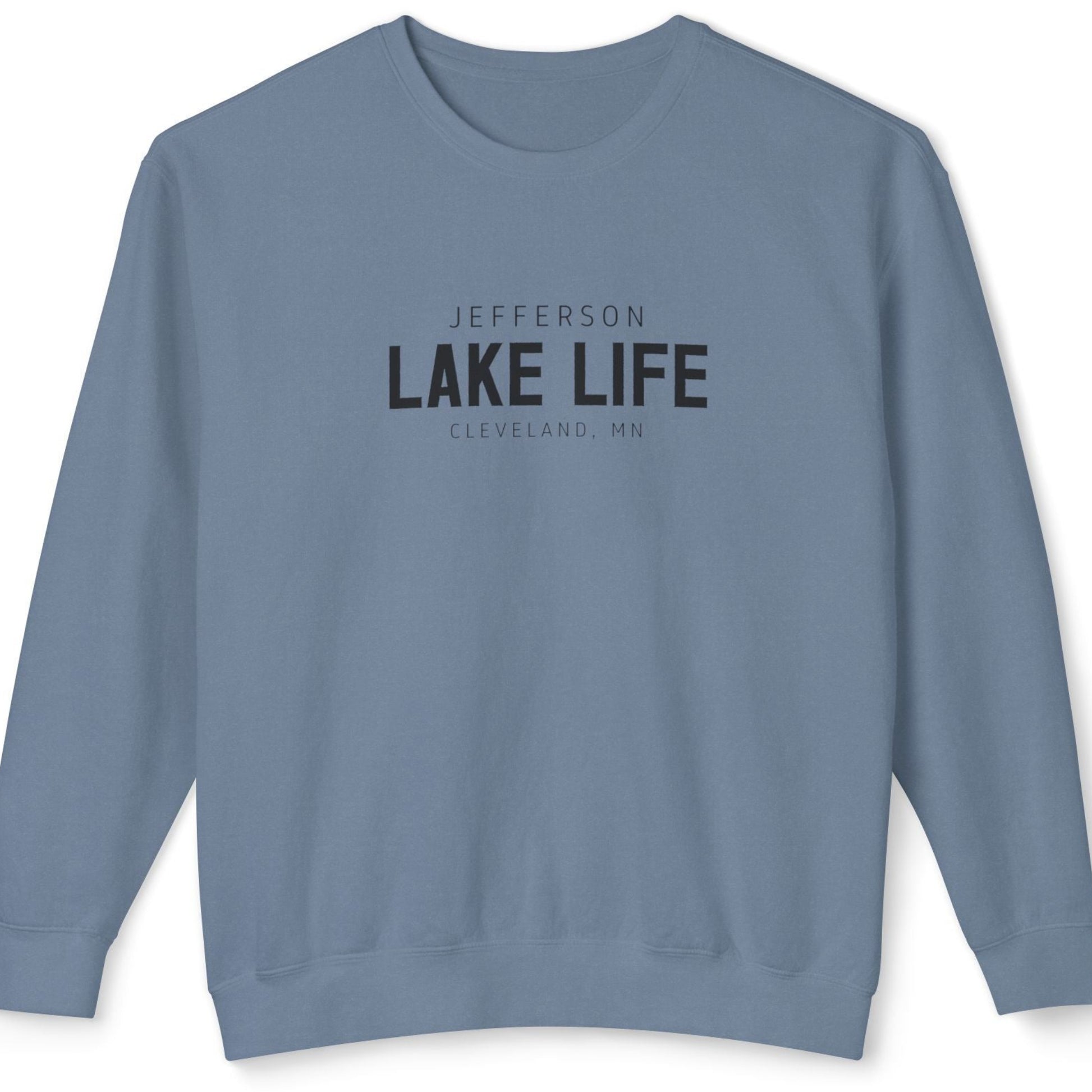 Blue sweatshirt with 'Jefferson Lake Life Cleveland, MN' text 