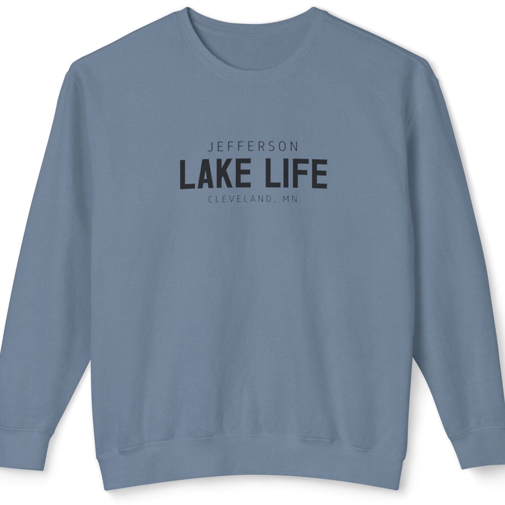 Blue sweatshirt with 'Jefferson Lake Life Cleveland, MN' text 