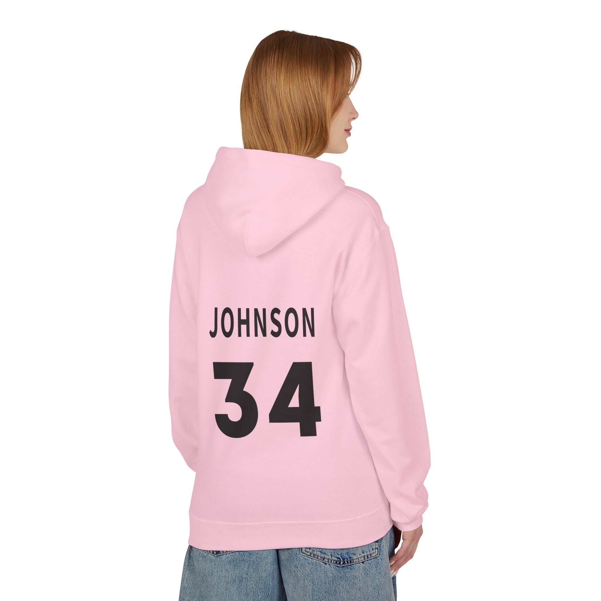 Person wearing a pink hoodie with 'Johnson 34' printed on the back