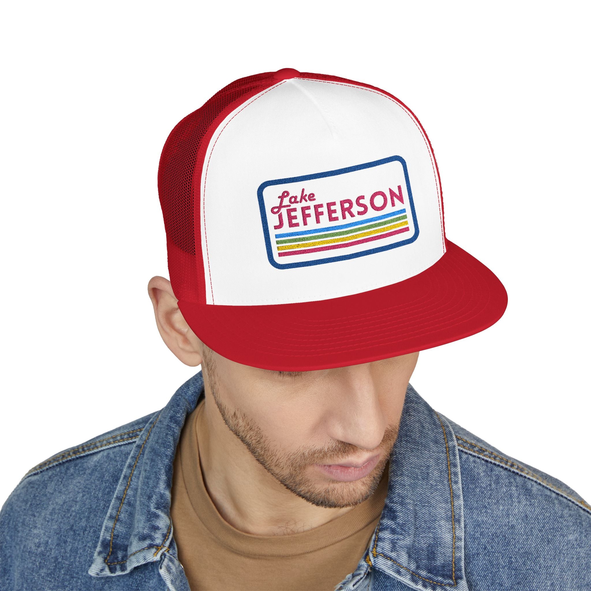 Lake Jefferson Vintage 5 Panel Trucker Cap (pink font)