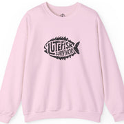 Pink sweatshirt with 'Lutefisk Survivor' graphic 