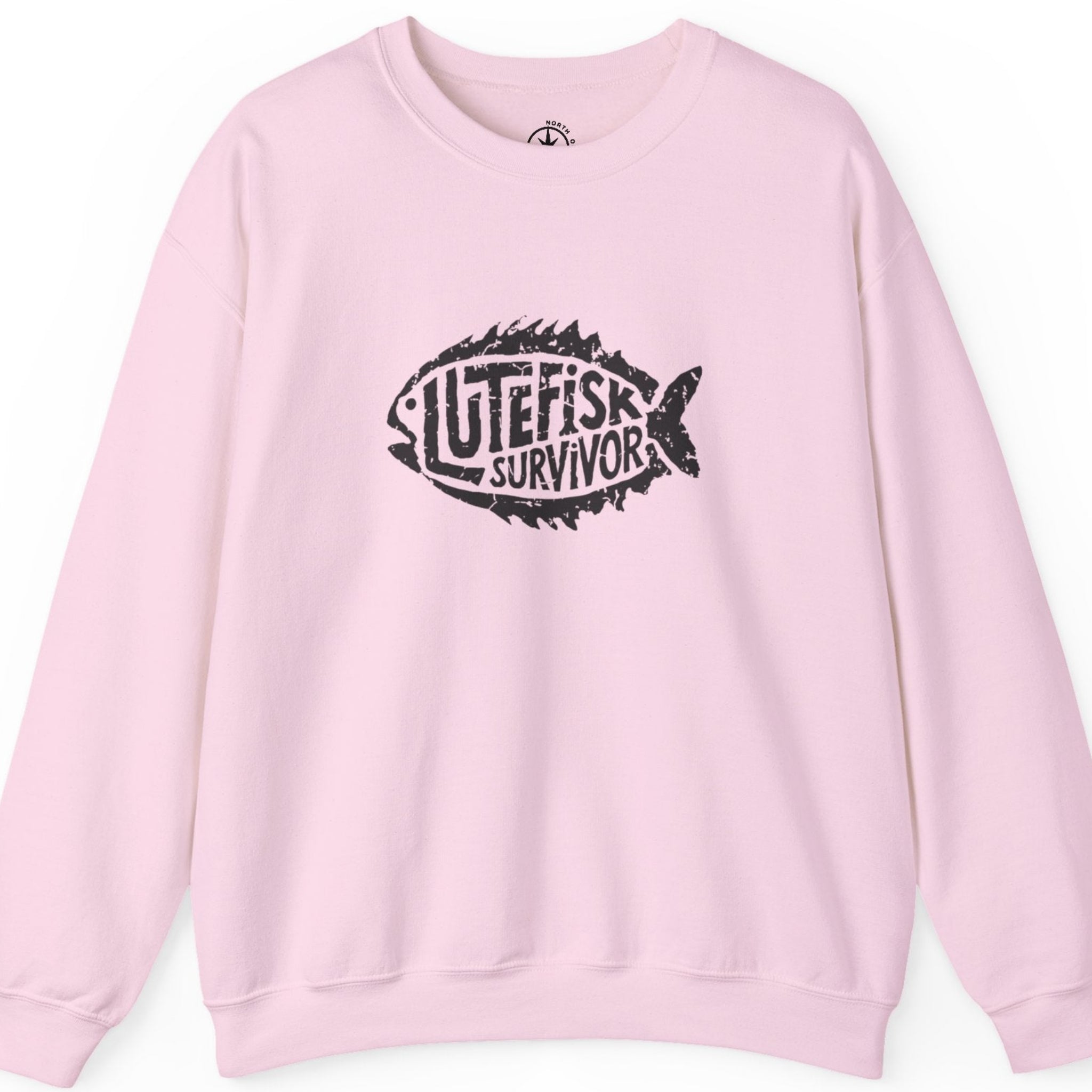Pink sweatshirt with 'Lutefisk Survivor' graphic 