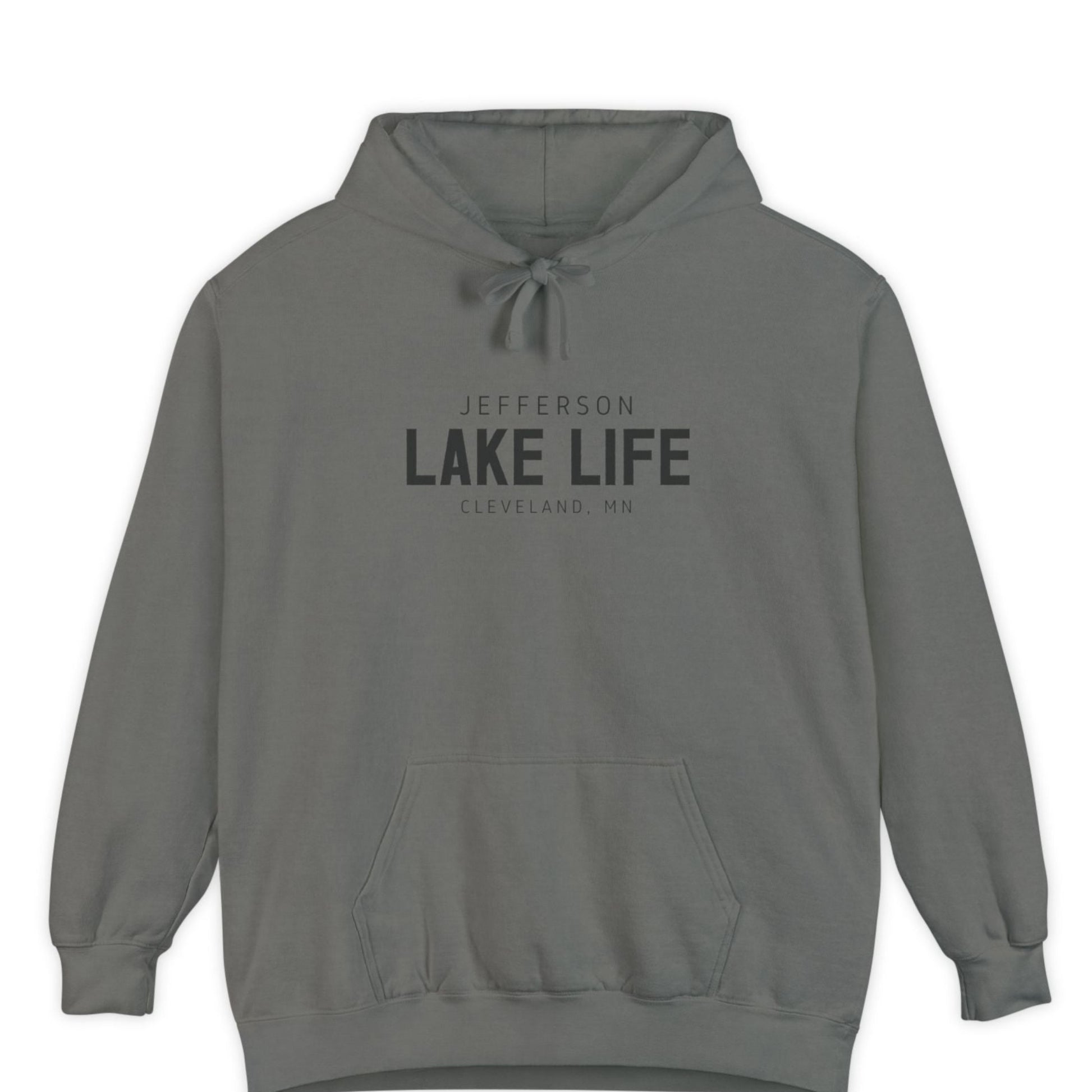 Gray hoodie with 'Jefferson Lake Life' text 