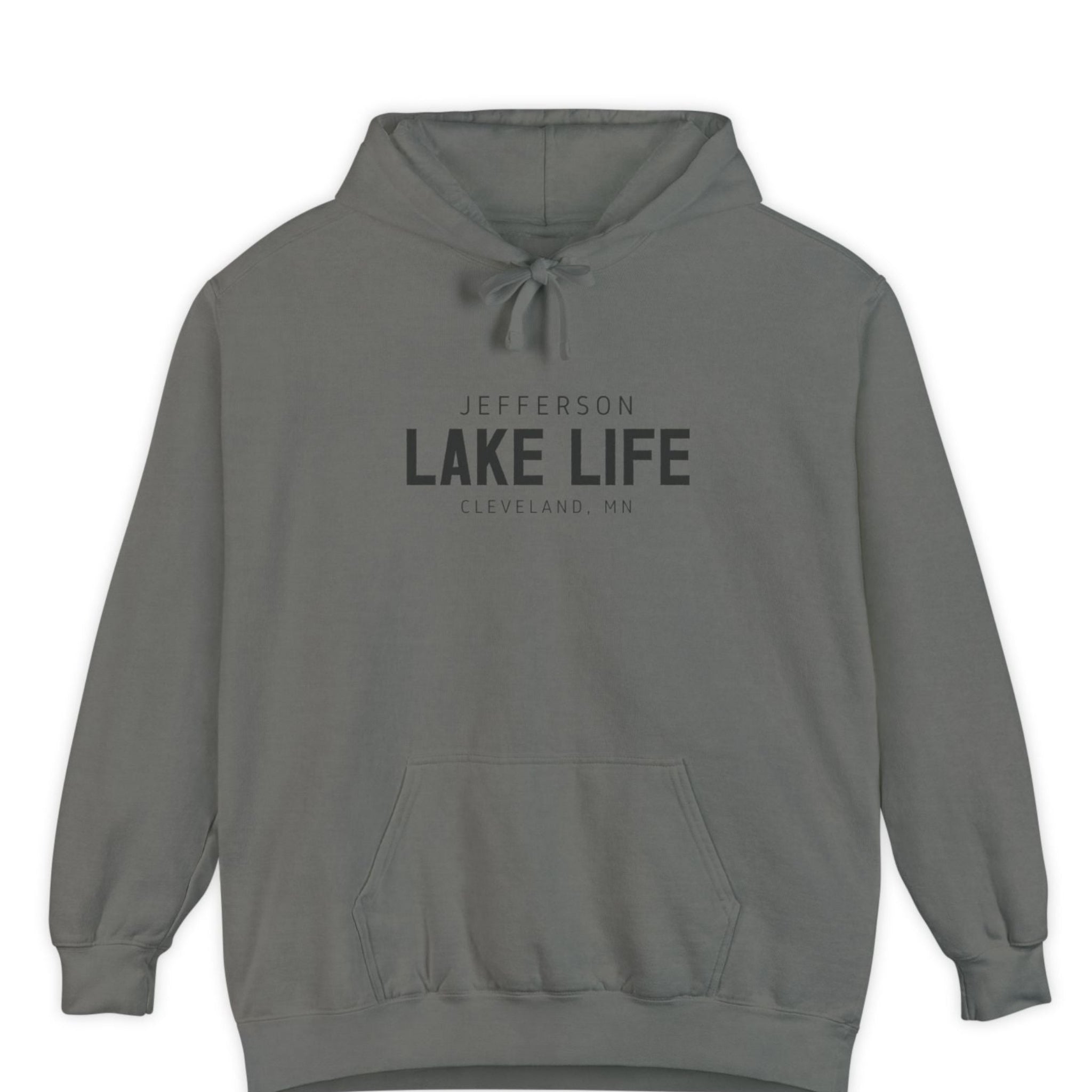 Gray hoodie with 'Jefferson Lake Life' text 