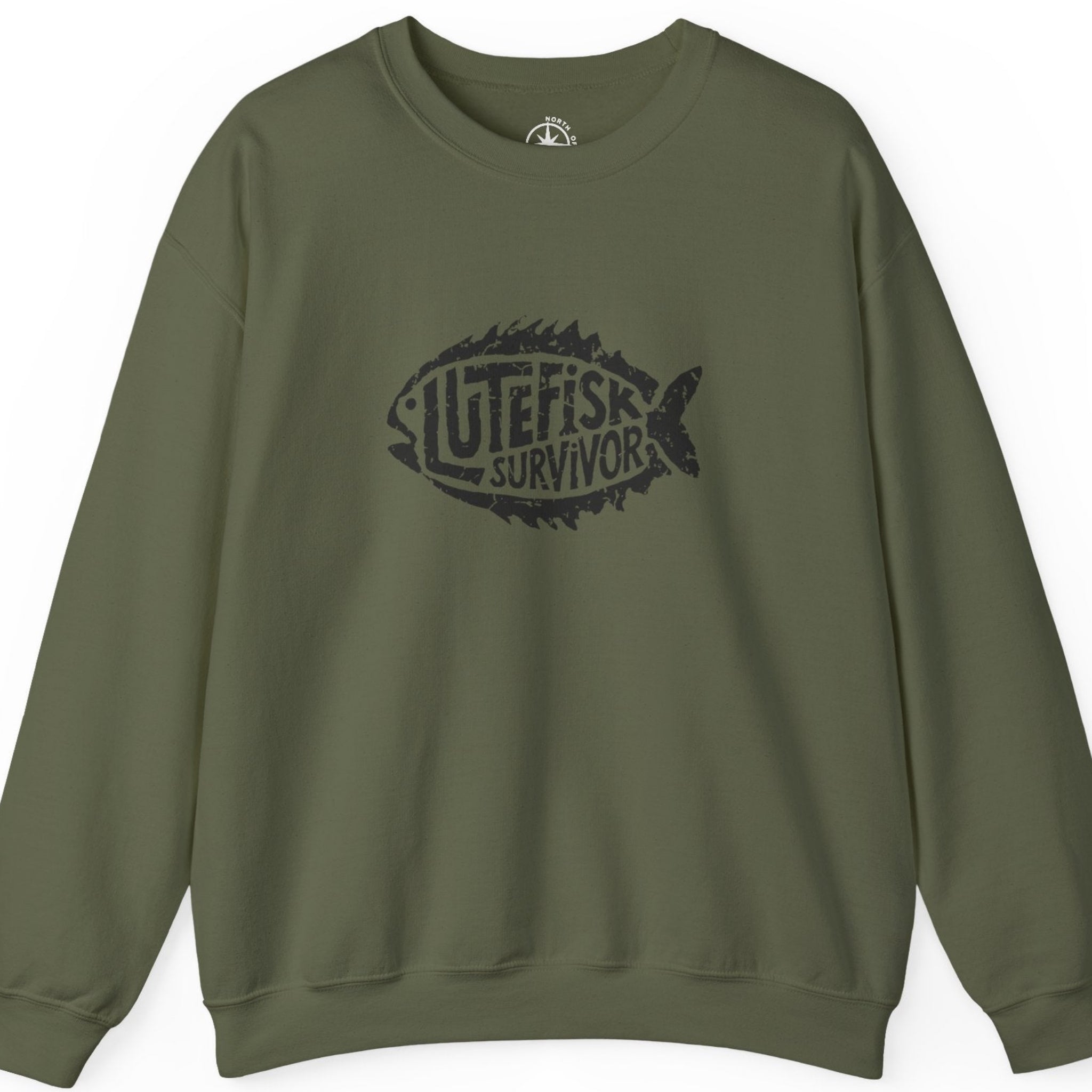Green  sweatshirt 'Lutefisk Survivor' graphic 