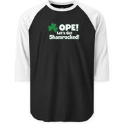 Black and white baseball shirt with 'OPE! Let's Get Shamrocked!' text