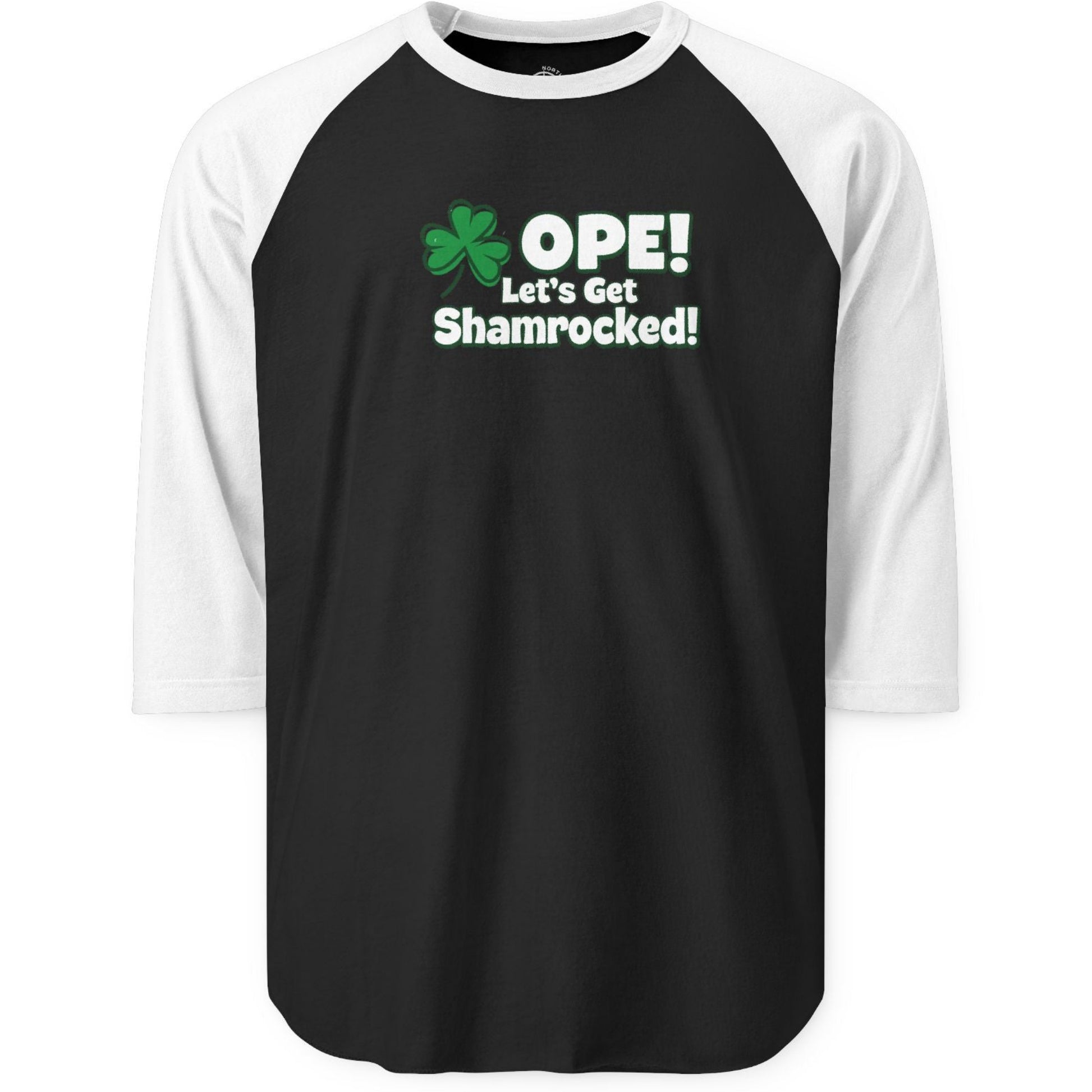 Black and white baseball shirt with 'OPE! Let's Get Shamrocked!' text