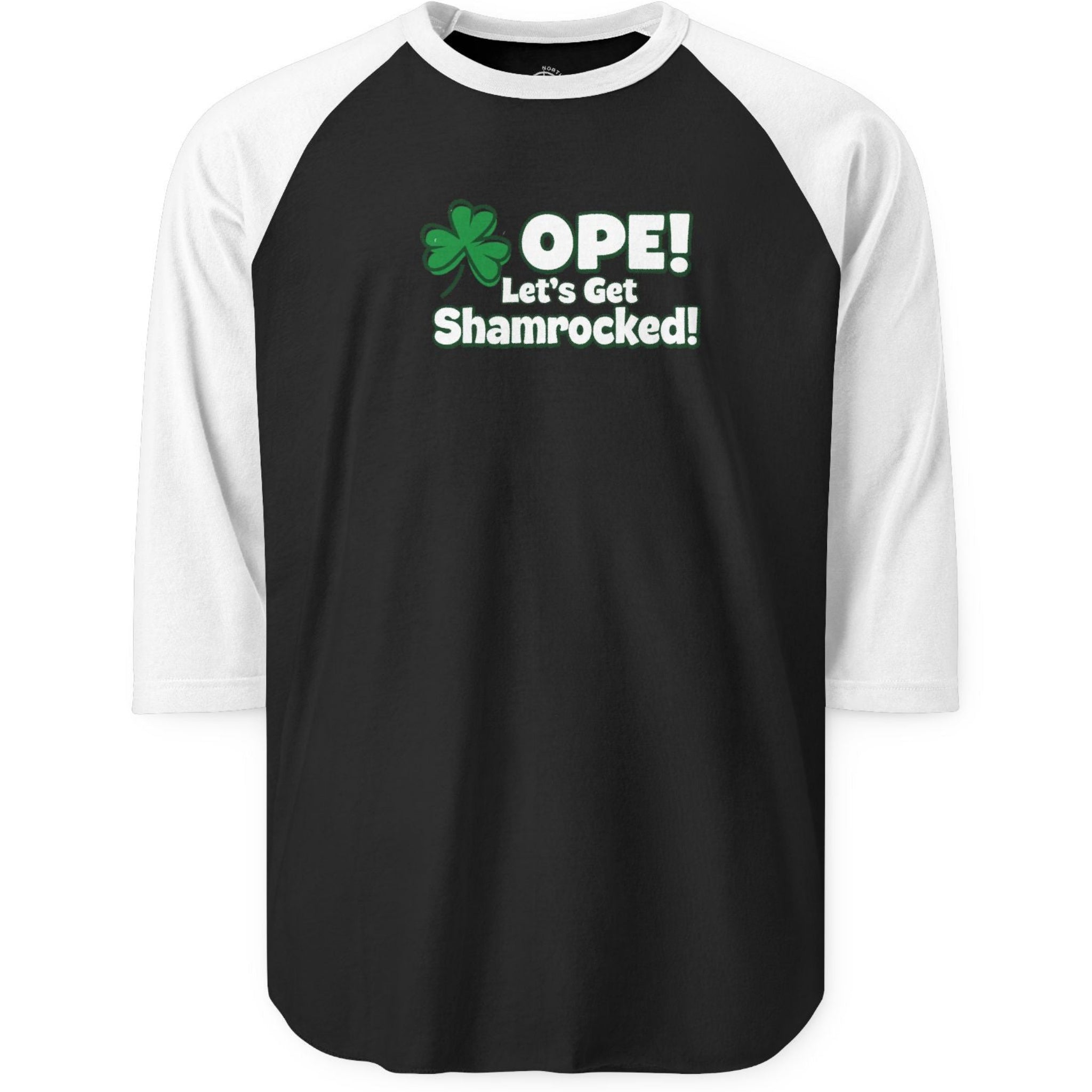 Black and white baseball shirt with 'OPE! Let's Get Shamrocked!' text