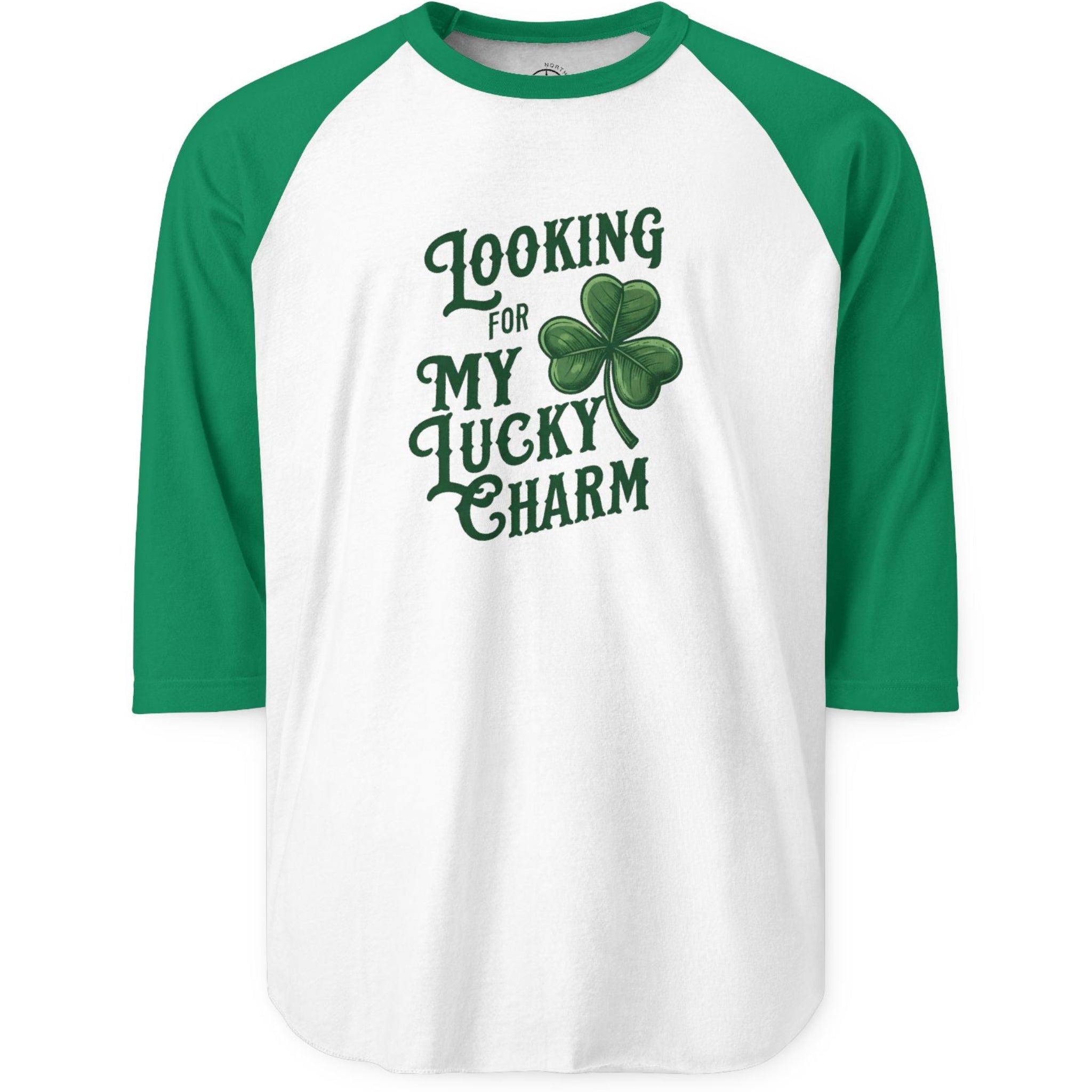 Green and white baseball shirt with 'Looking for my lucky charm' text and shamrock on a white background