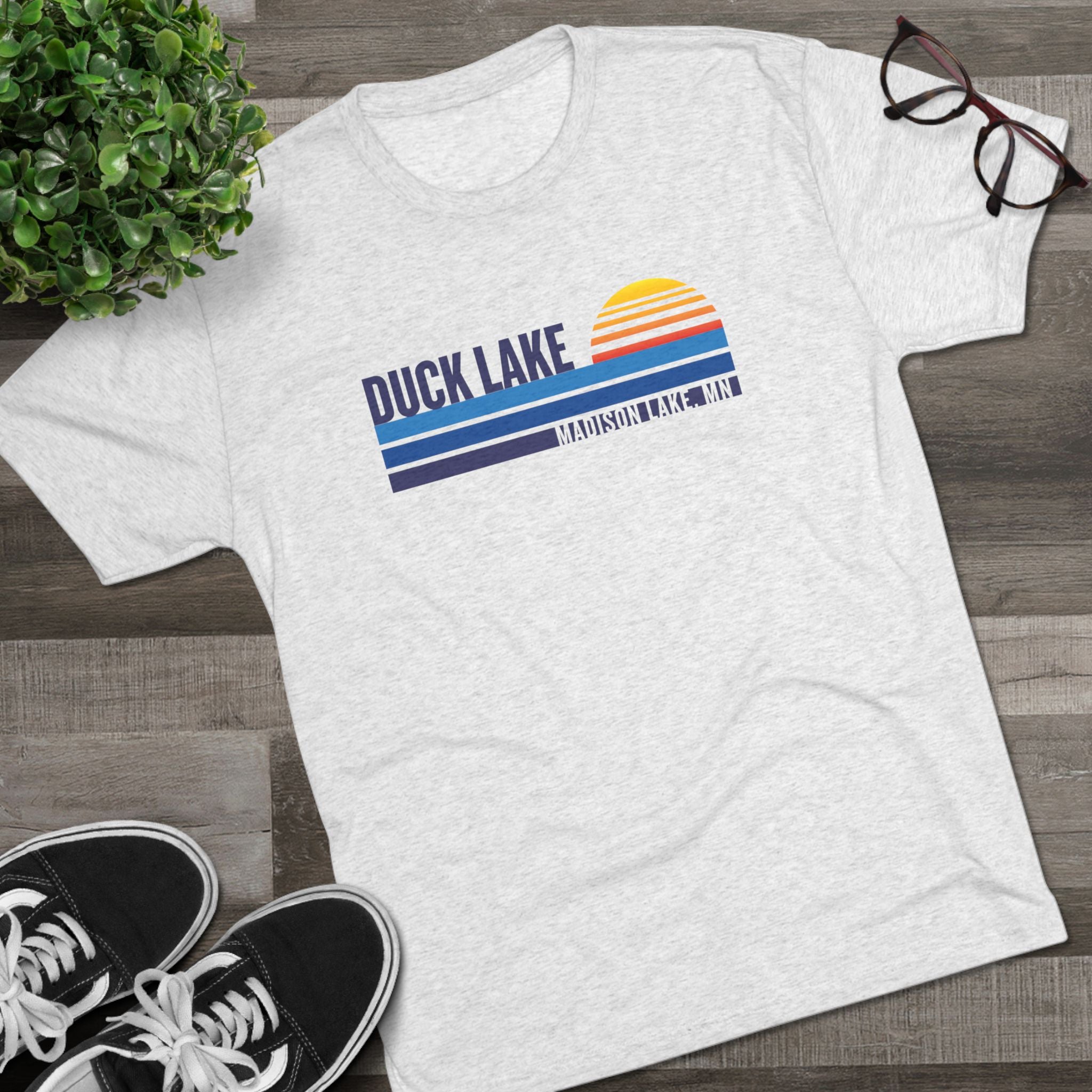 Duck Lake Sunset T-Shirt — Retro Striped Lakeside Graphic Tee