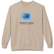A beige crewneck sweatshirt featuring a blue concentric circle graphic representing Duck Lake with coordinates printed underneath, displayed on a clean white background.