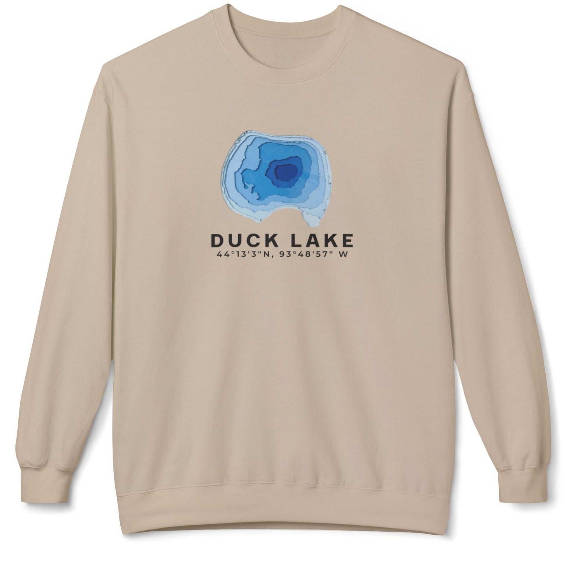 A beige crewneck sweatshirt featuring a blue concentric circle graphic representing Duck Lake with coordinates printed underneath, displayed on a clean white background.