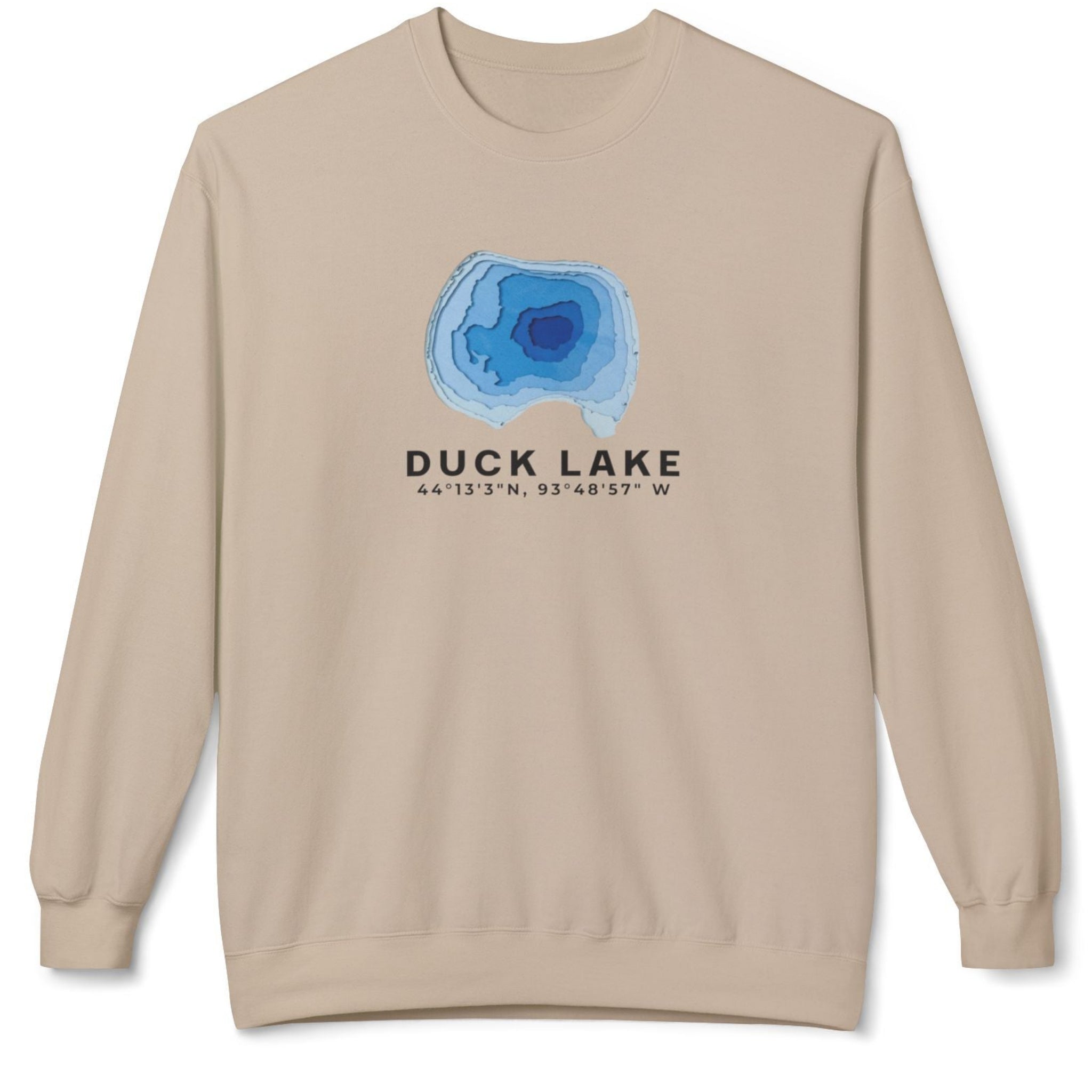 A beige crewneck sweatshirt featuring a blue concentric circle graphic representing Duck Lake with coordinates printed underneath, displayed on a clean white background.