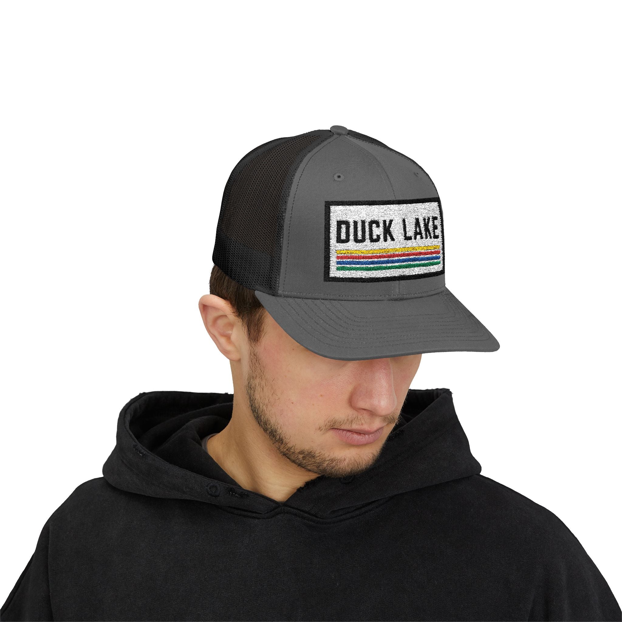 Duck Lake Patch Trucker Hat — Retro Stripe Snapback Cap