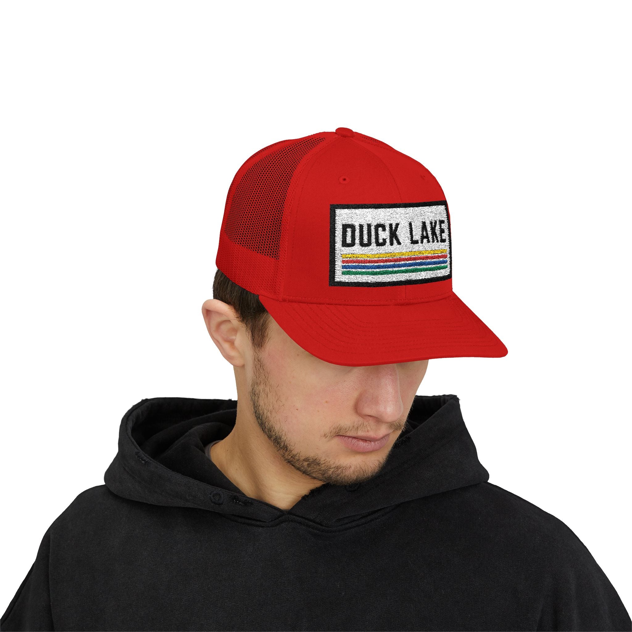 Duck Lake Patch Trucker Hat — Retro Stripe Snapback Cap