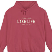 Red hoodie with 'Jefferson Lake Life, Cleveland, MN' text