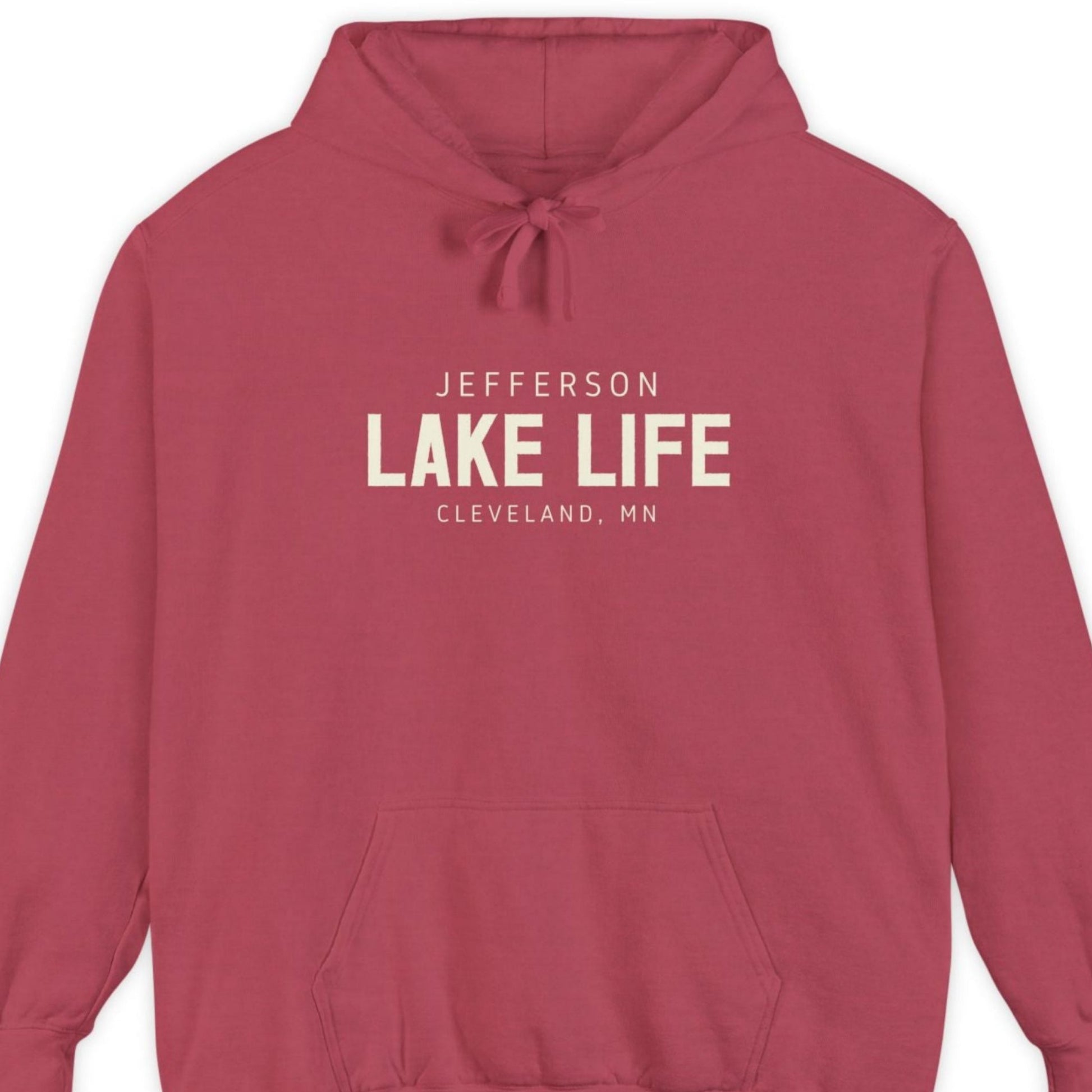 Red hoodie with 'Jefferson Lake Life, Cleveland, MN' text