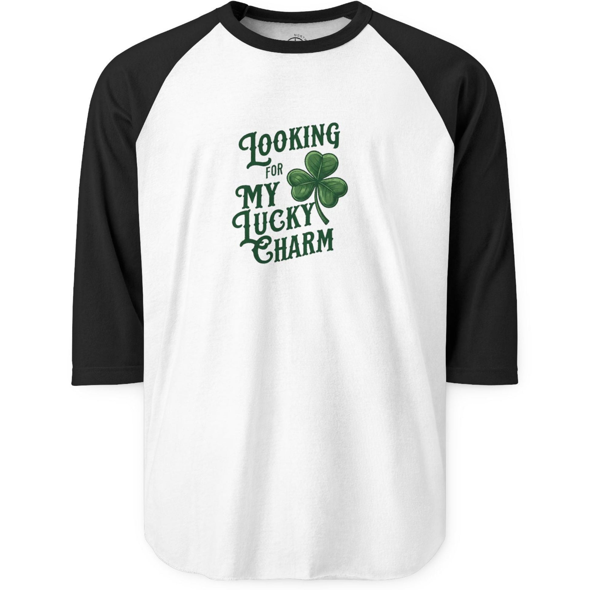 Baseball shirt with 'Looking for my lucky charm' text and shamrock graphic 