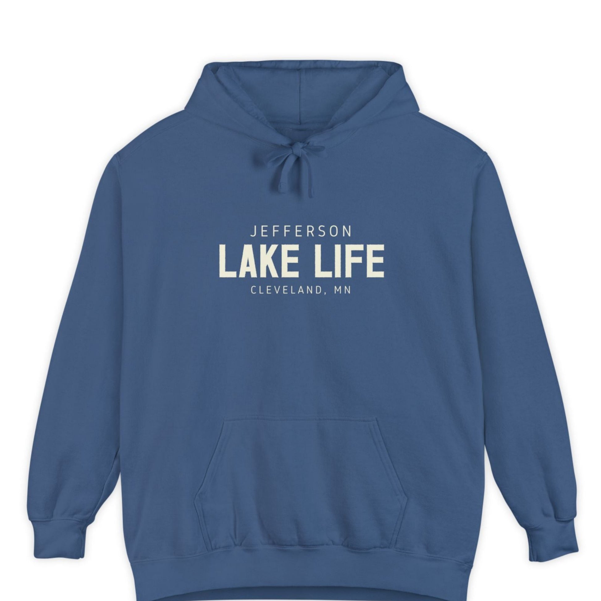 Blue hoodie with 'Jefferson Lake Life, Cleveland, MN' text 
