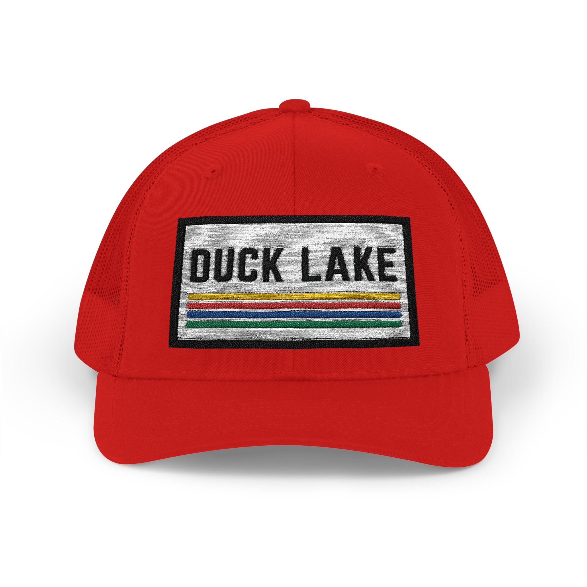 Duck Lake Patch Trucker Hat — Retro Stripe Snapback Cap