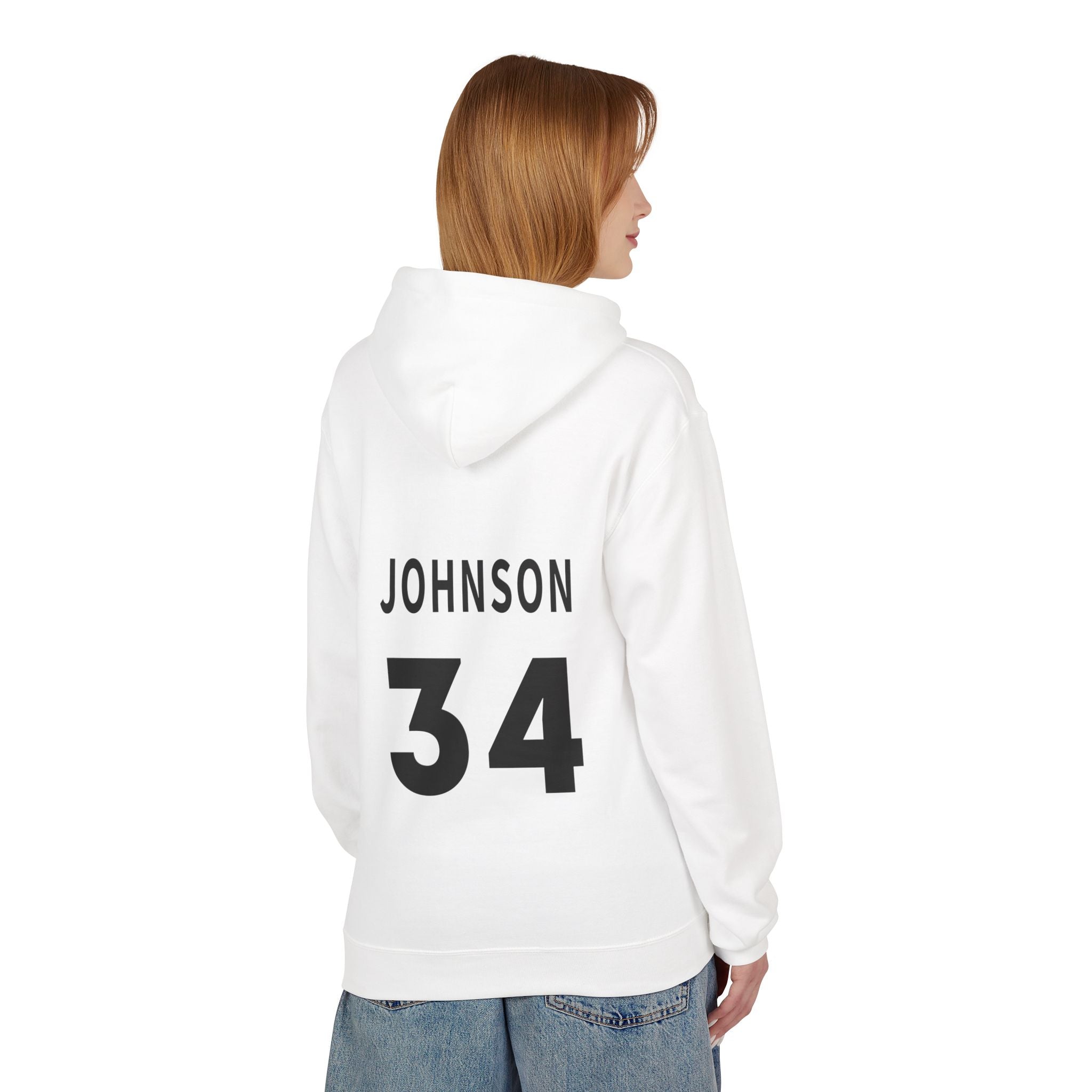 Person wearing a white hoodie with 'JOHNSON 34' printed on the back