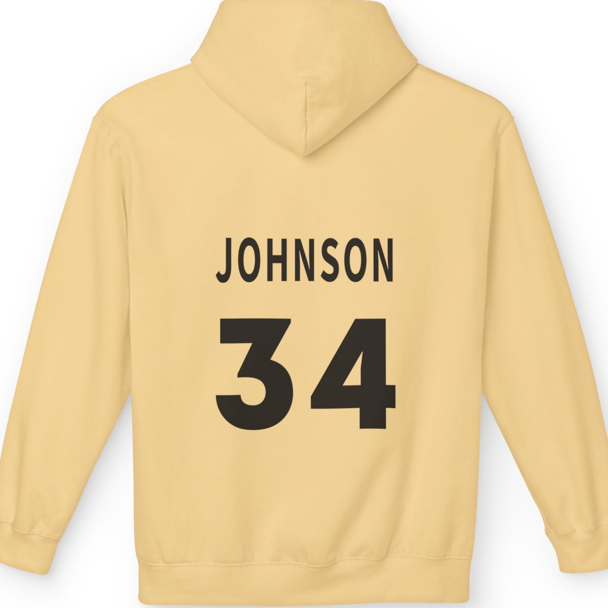 Yellow hoodie with 'JOHNSON 34' printed on the back against a white background