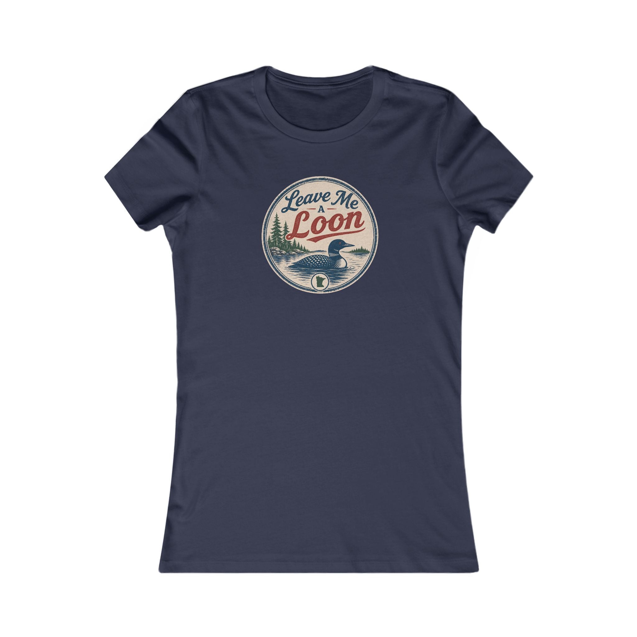 A navy blue short-sleeve crewneck t-shirt featuring a circular vintage-style graphic on the chest with a loon illustration and the text 'Leave Me Loon'.