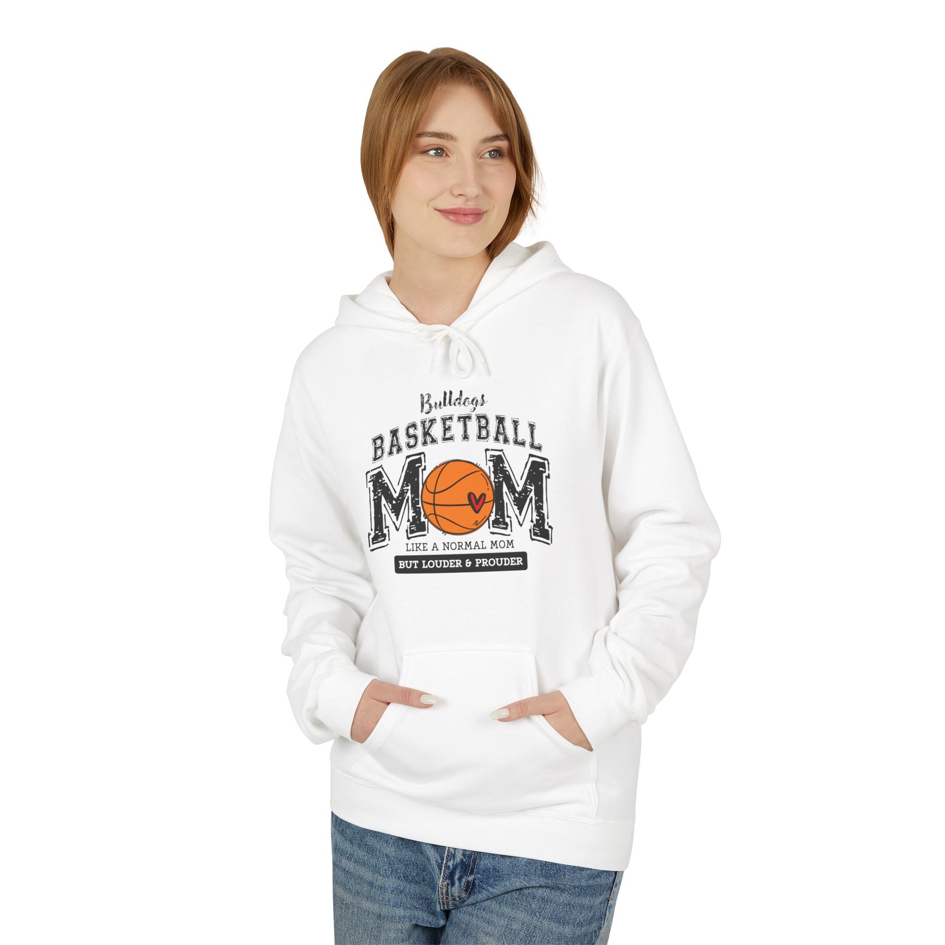Woman wearing a white hoodie with 'Basketball Mom' text and graphics 