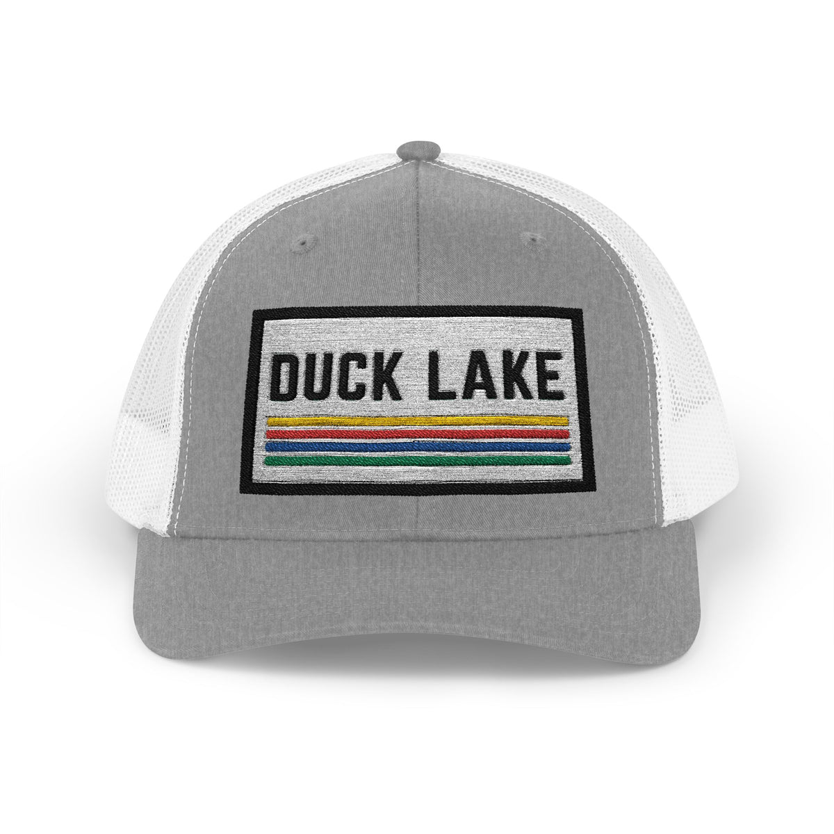 Duck Lake Patch Trucker Hat — Retro Stripe Snapback Cap