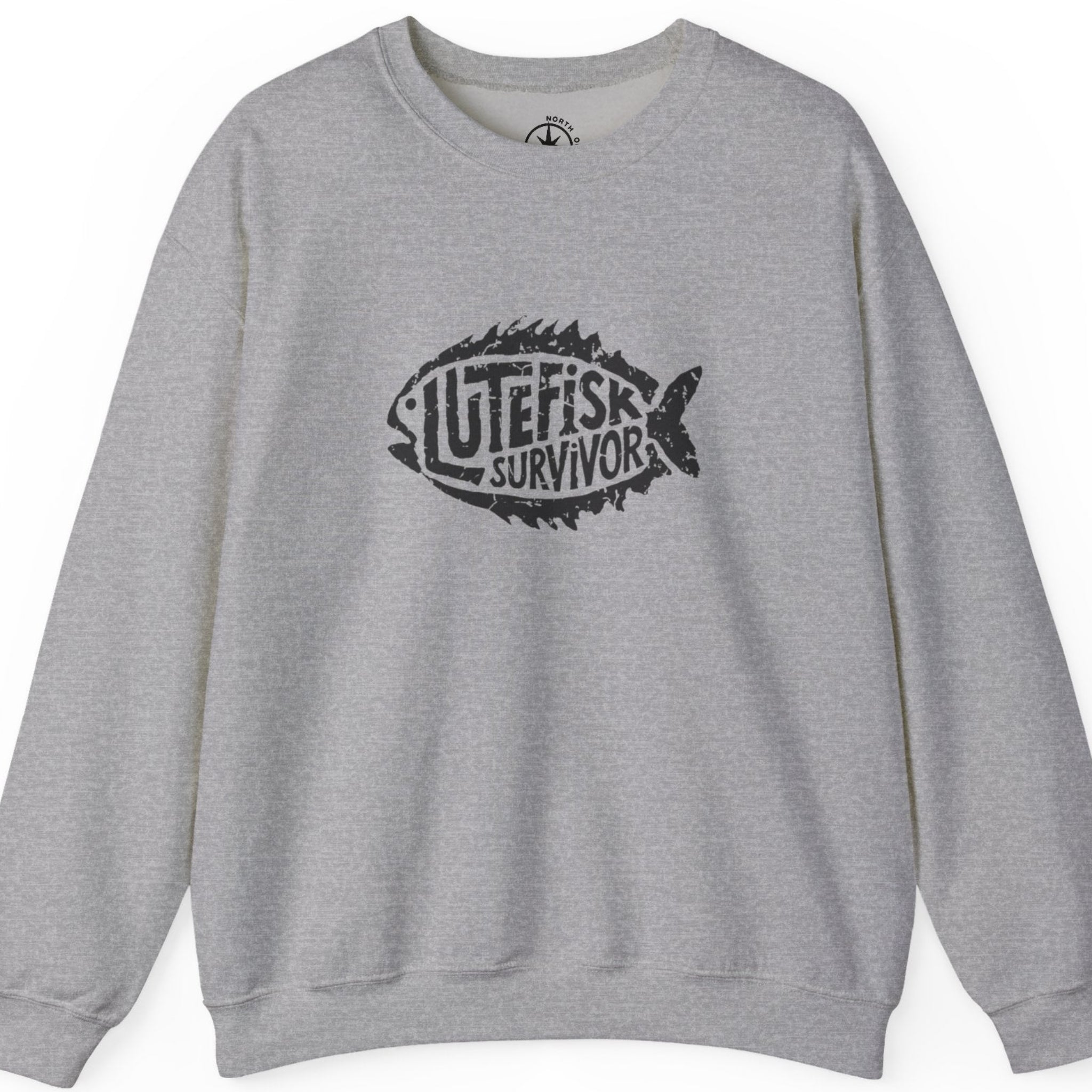 Gray sweatshirt 'Lutefisk Survivor' graphic 