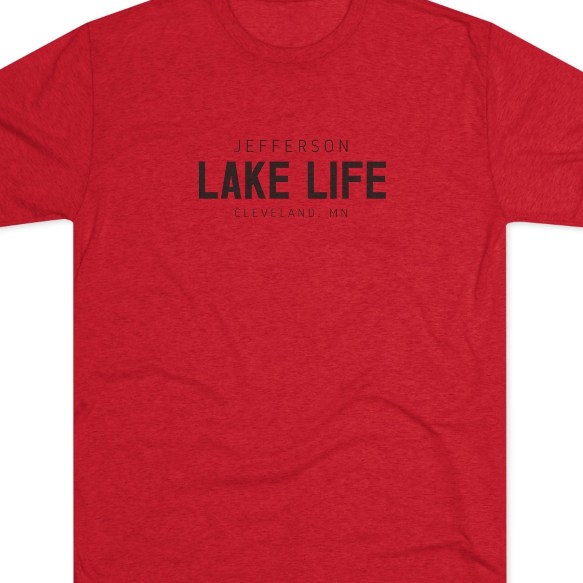 Red t-shirt with 'Jefferson Lake Life Cleveland, MN' text 