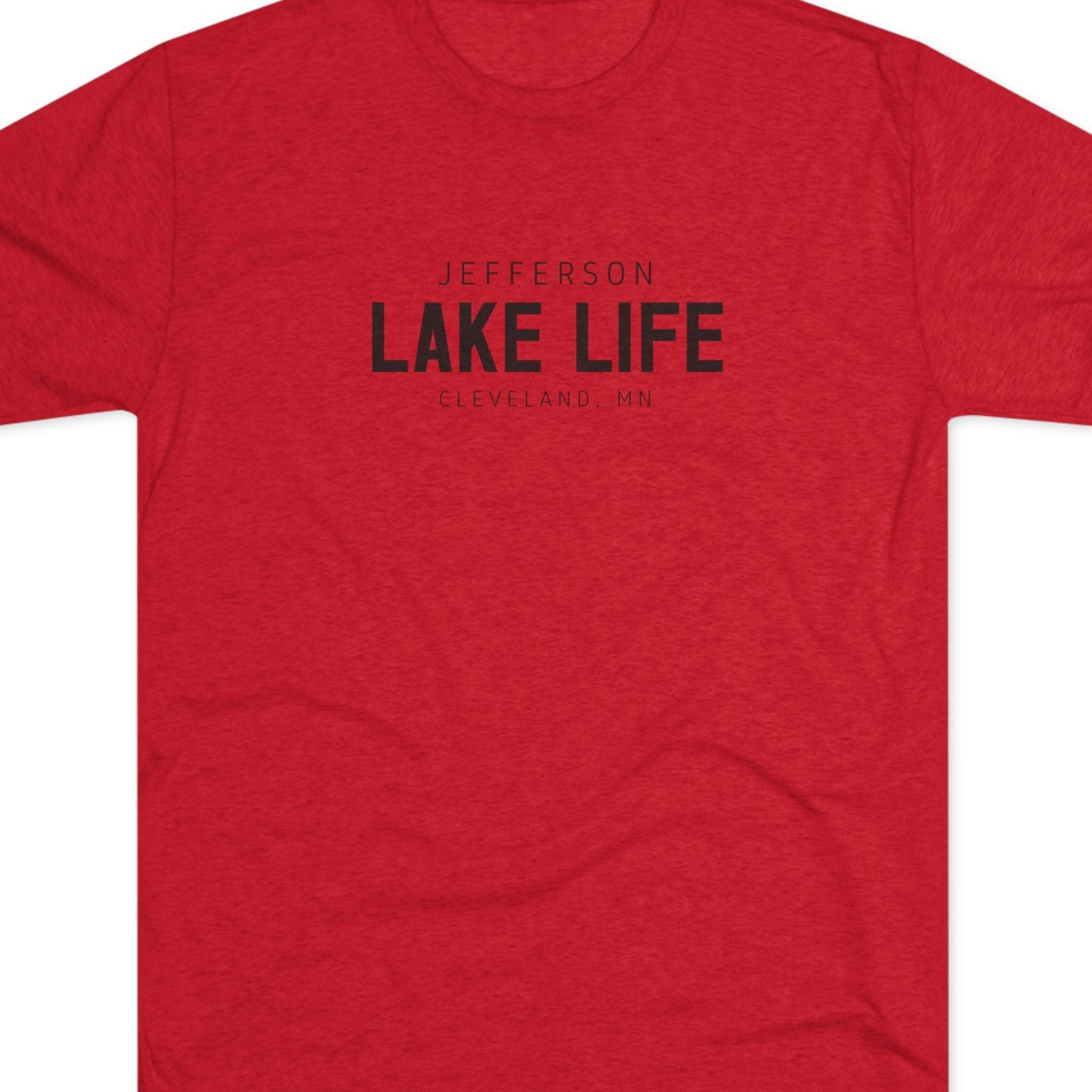 Red t-shirt with 'Jefferson Lake Life Cleveland, MN' text 