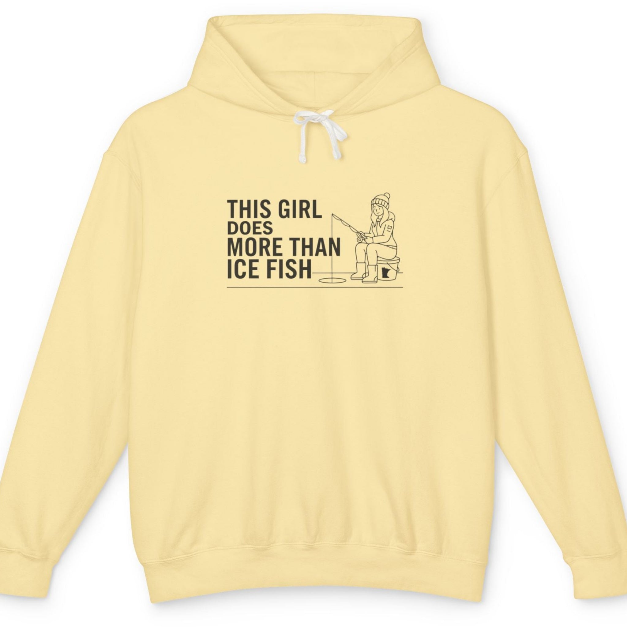 Yellow hoodie hoodie with text This Girl Does More Than Ice Fish with an image of a woman ice fishing