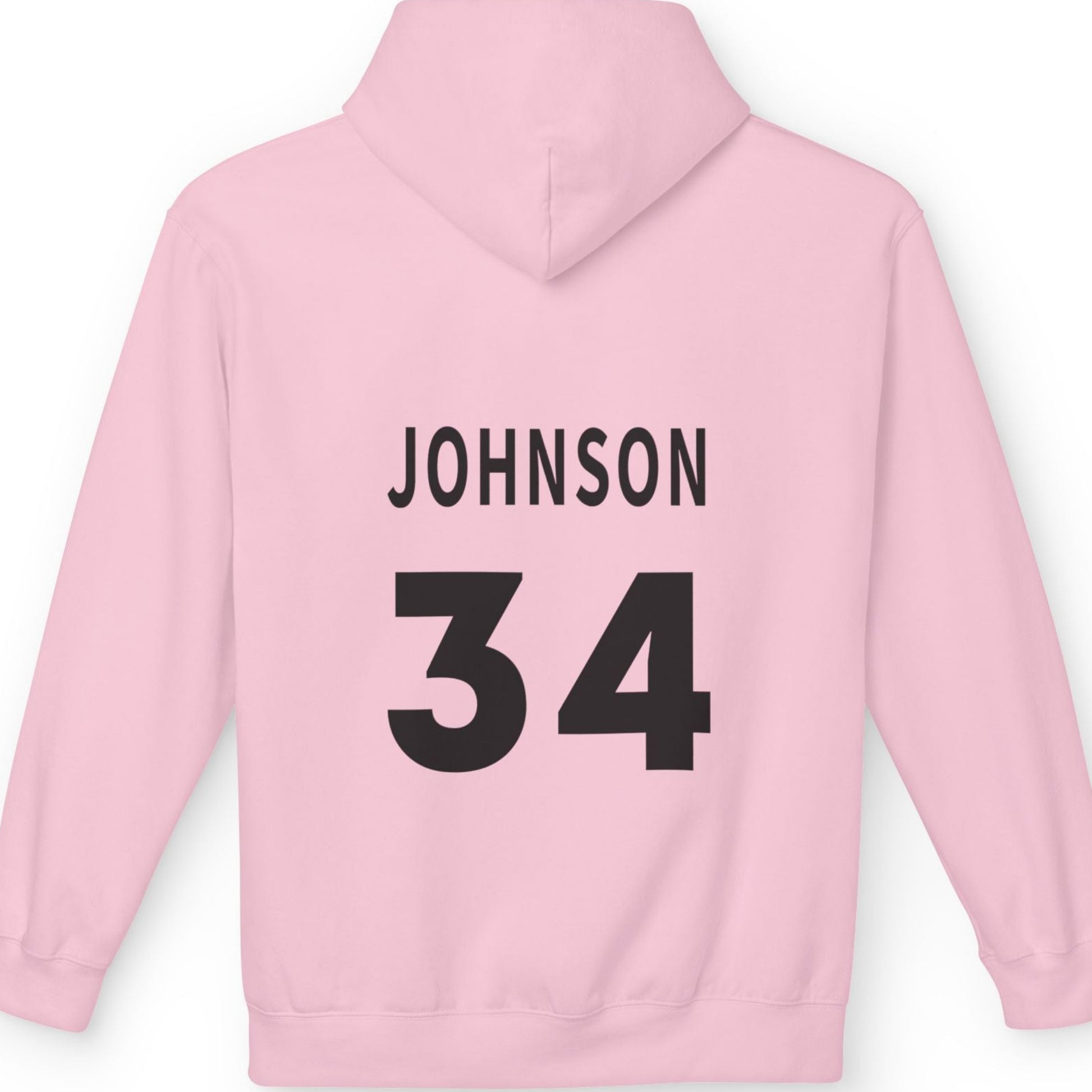 Pink hoodie with 'JOHNSON 34' printed on the back