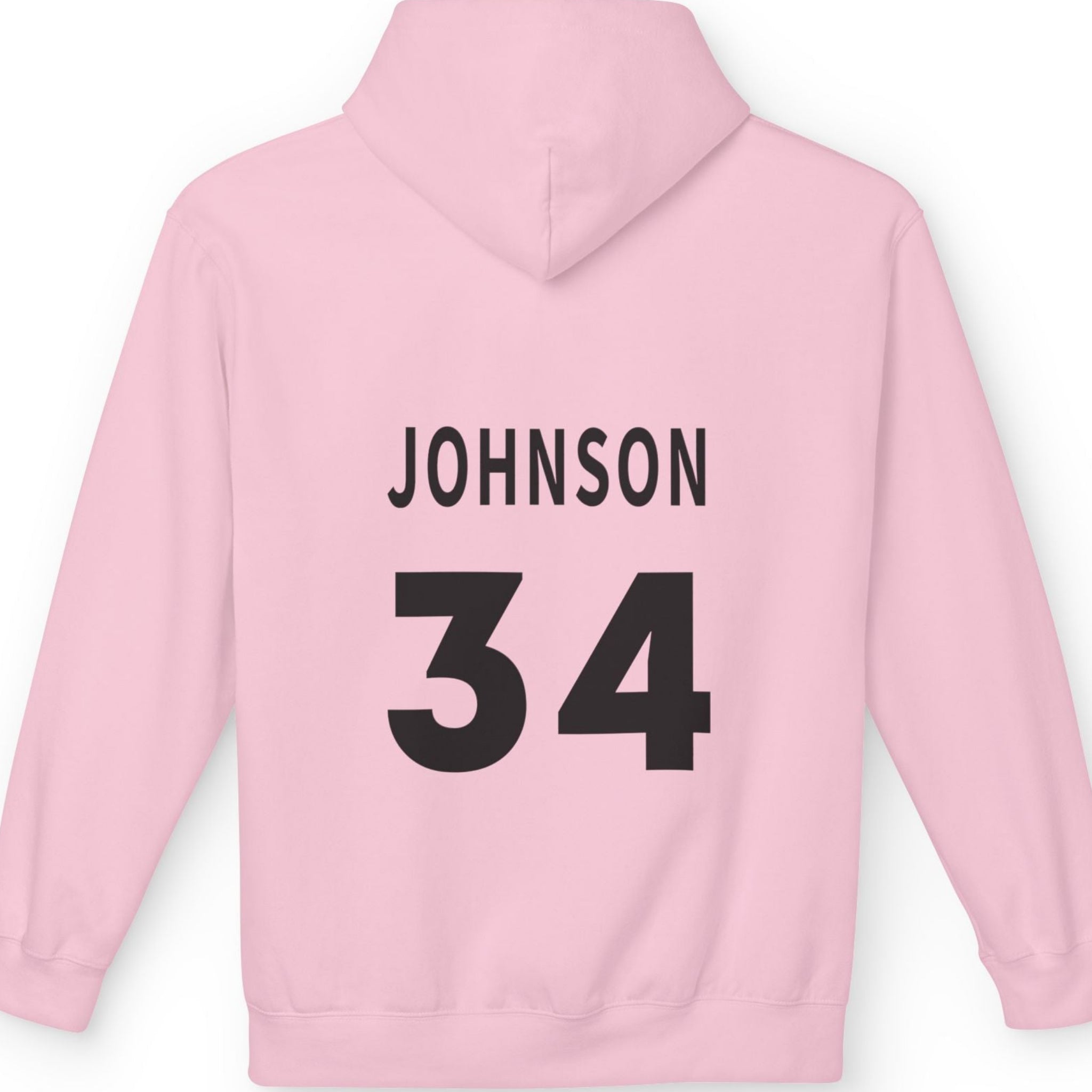 Pink hoodie with 'JOHNSON 34' printed on the back