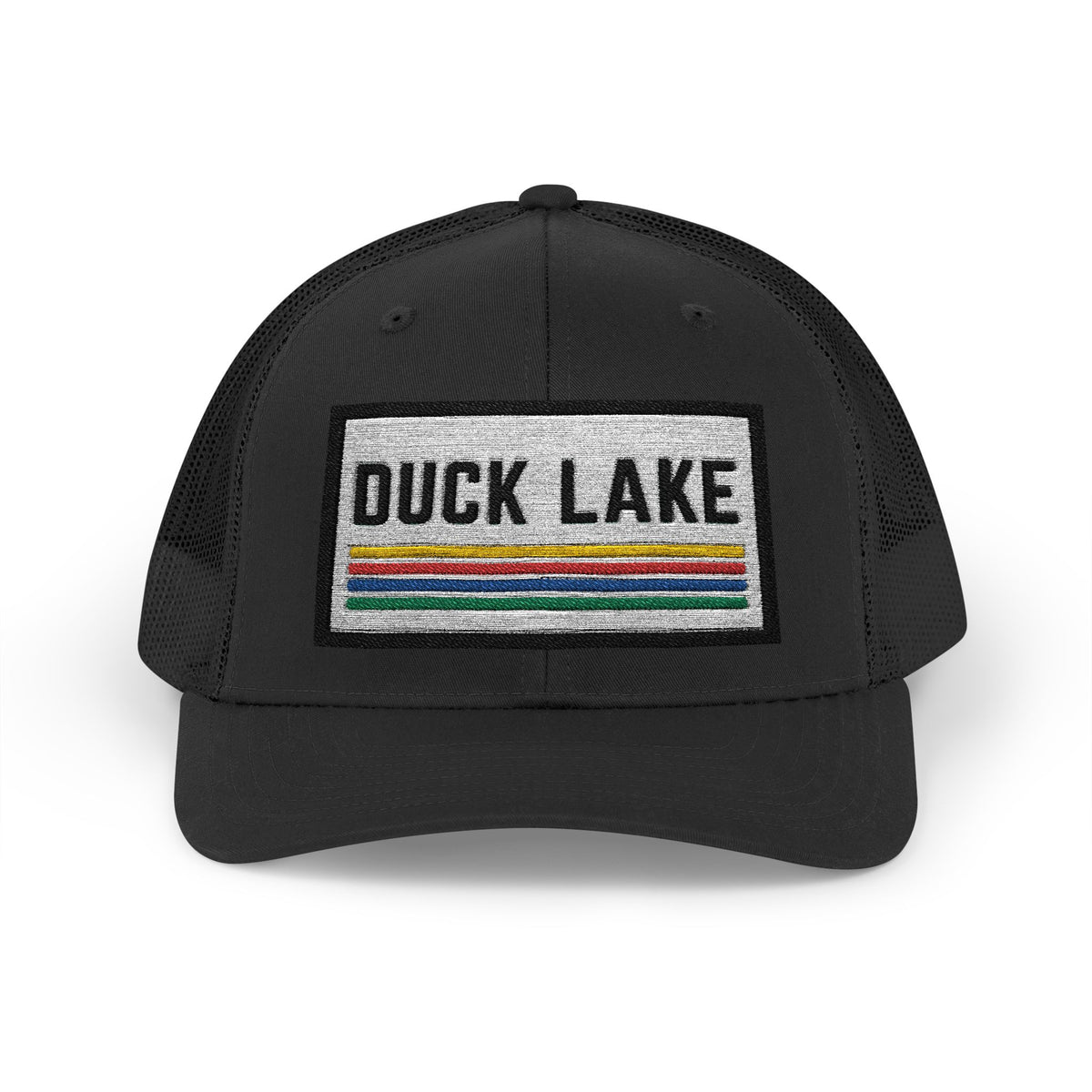 Duck Lake Patch Trucker Hat — Retro Stripe Snapback Cap