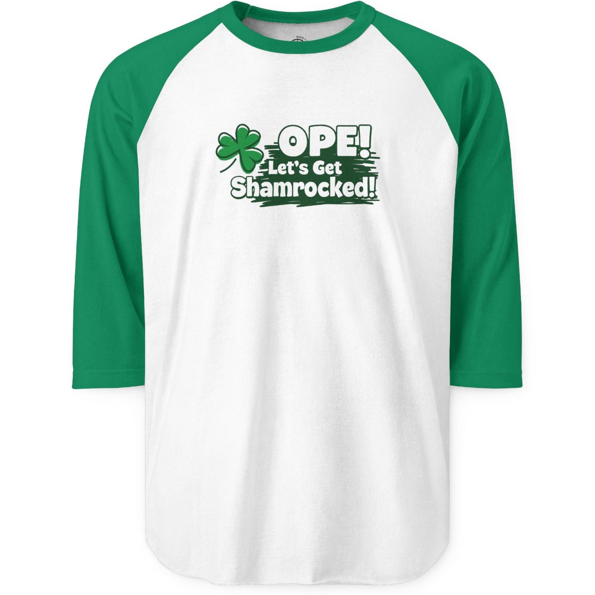 Green and white baseball shirt with shamrock design on a white background