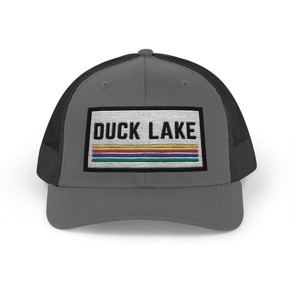 Duck Lake Patch Trucker Hat — Retro Stripe Snapback Cap