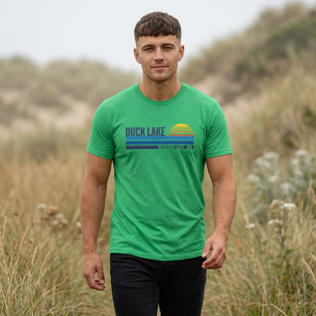 Duck Lake Sunset T-Shirt — Retro Striped Lakeside Graphic Tee