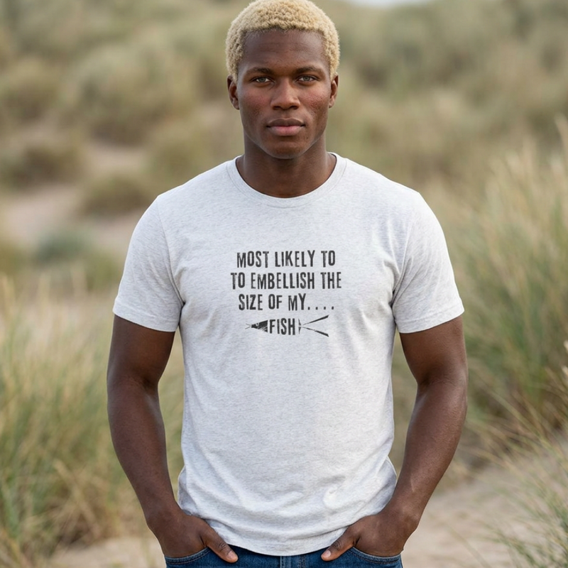Man wearing a white t-shirt with text in a natural setting